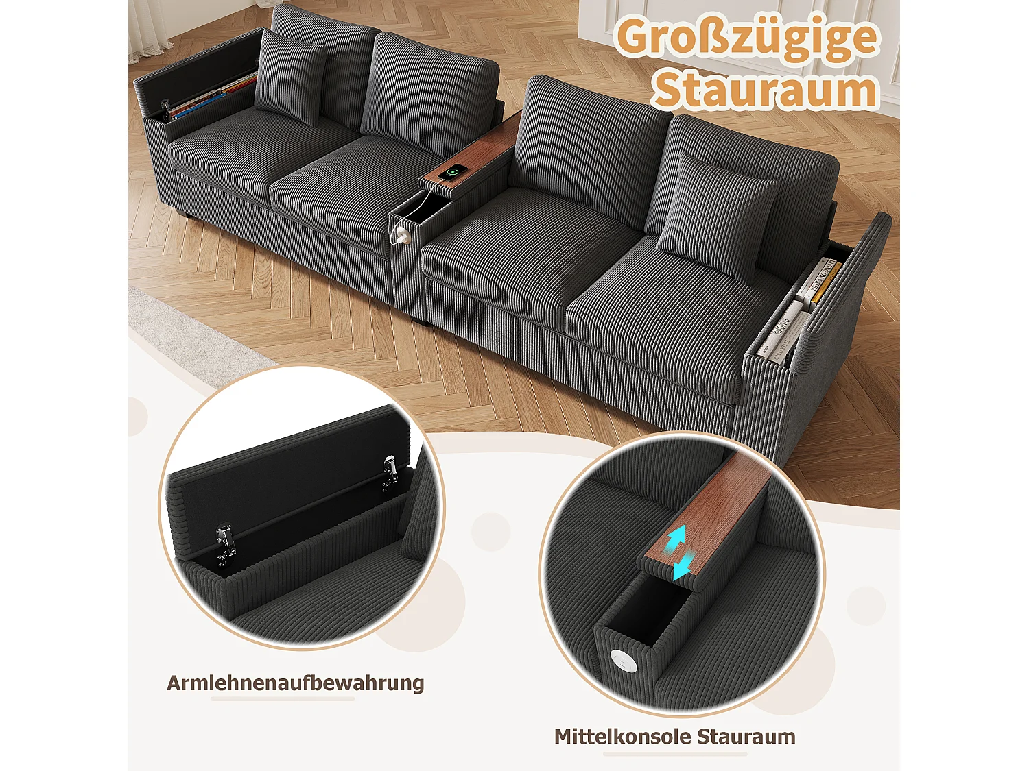 Canapé moderne 4 places - 299 x 80 x 82.7 cm - avec USB + accoudoir rabattable + rangement dissimulé - velours - gris