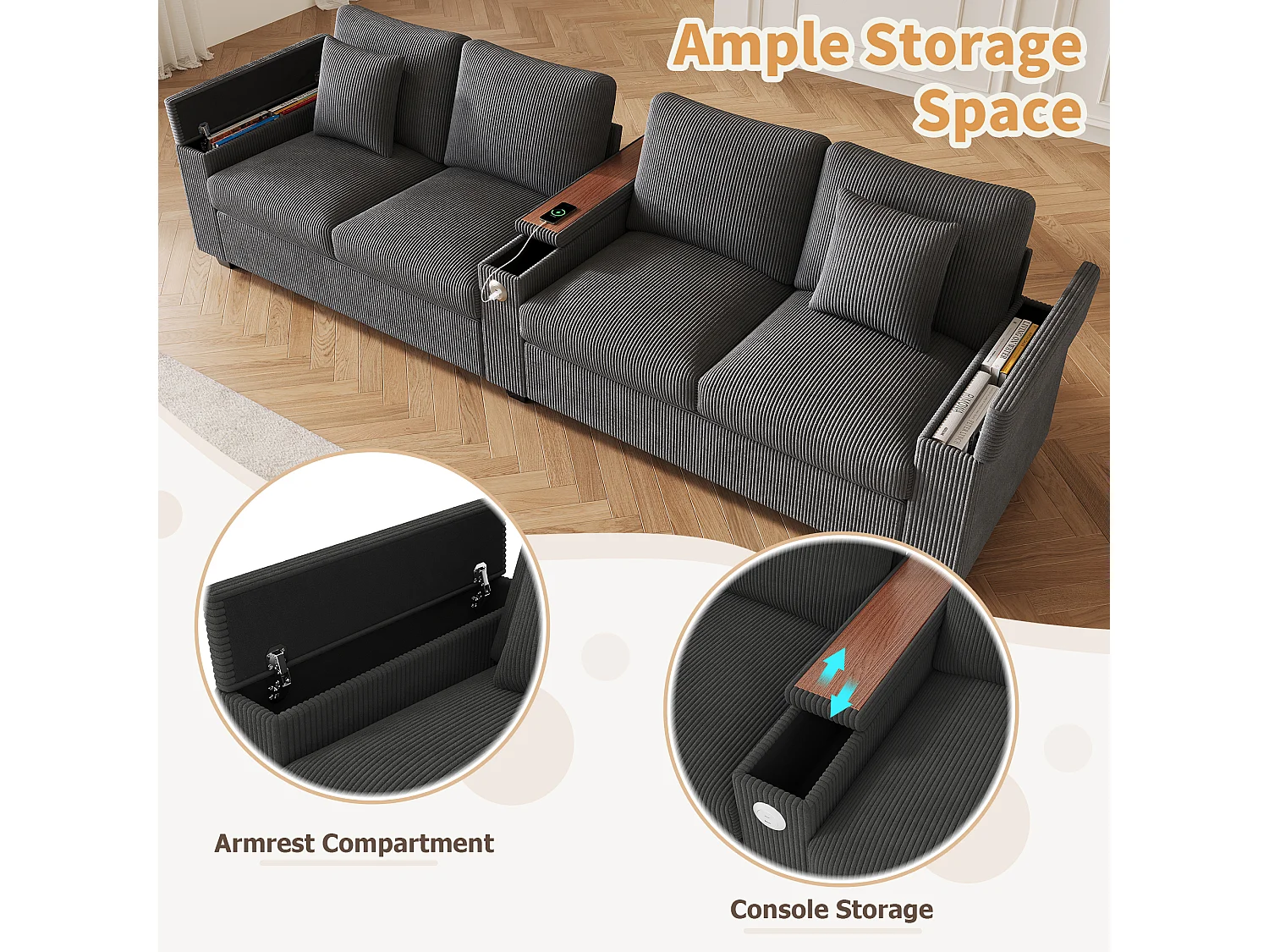 Canapé moderne 4 places - 299 x 80 x 82.7 cm - avec USB + accoudoir rabattable + rangement dissimulé - velours - gris