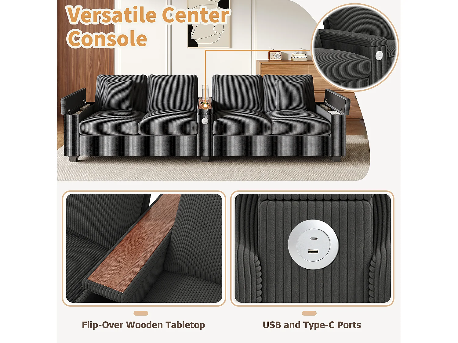 Canapé moderne 4 places - 299 x 80 x 82.7 cm - avec USB + accoudoir rabattable + rangement dissimulé - velours - gris