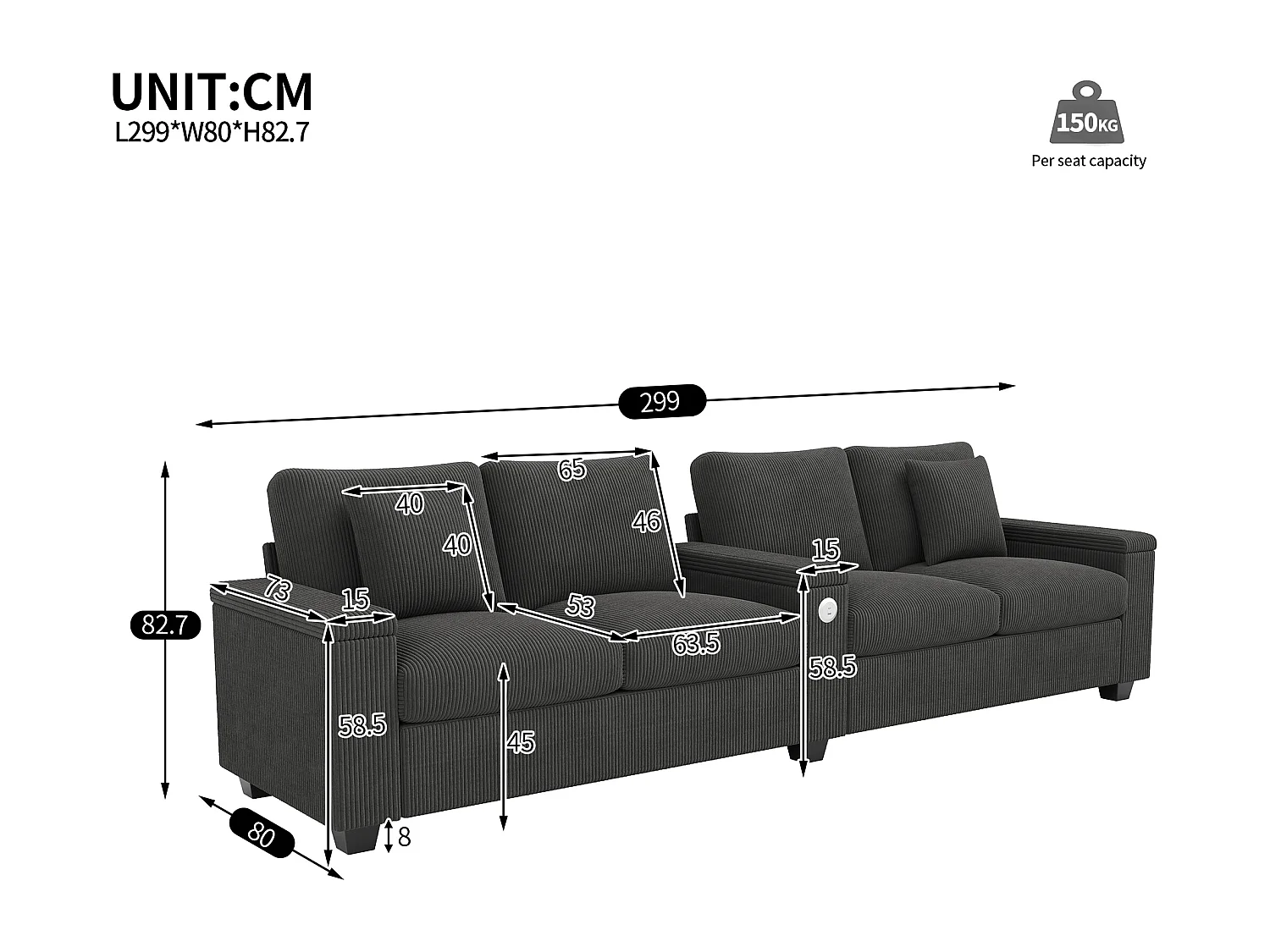 Canapé moderne 4 places - 299 x 80 x 82.7 cm - avec USB + accoudoir rabattable + rangement dissimulé - velours - gris