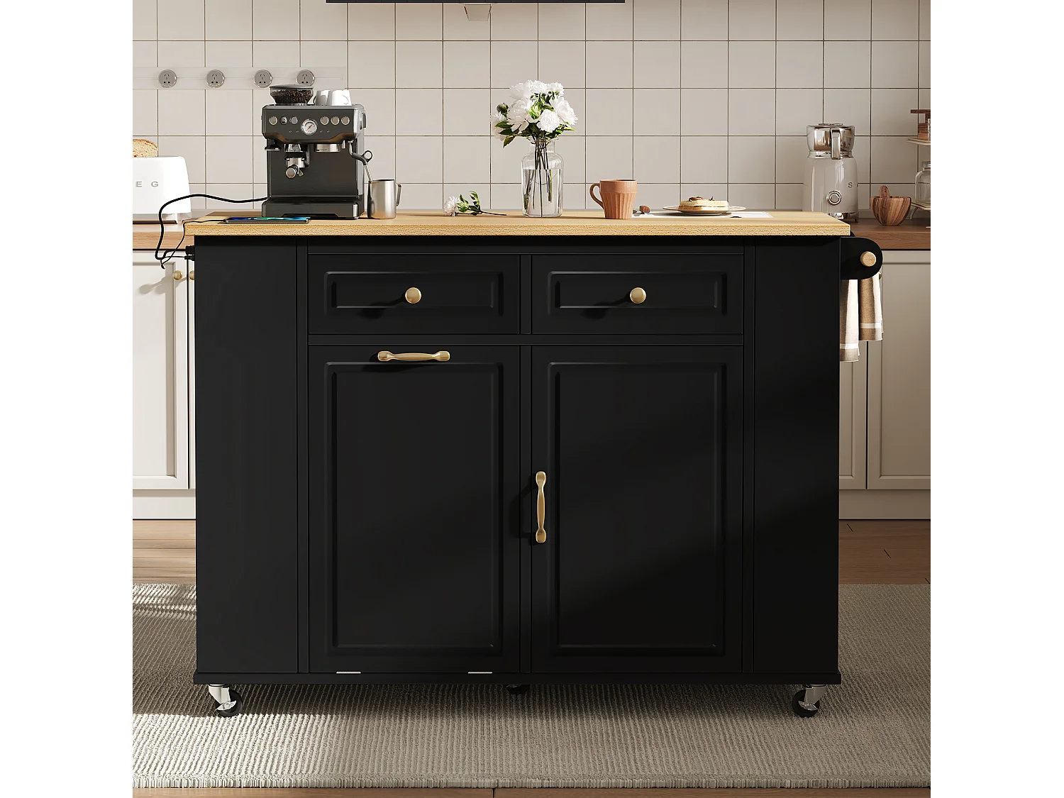 Uitschuifbaar keukeneiland op wielen - 120 x 40/70 x 91,5 cm - met 2 lades + deuren - MDF - zwart + naturel