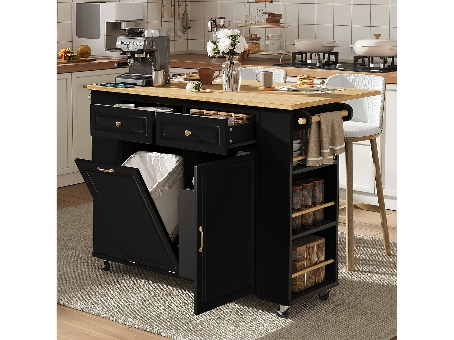 Uitschuifbaar keukeneiland op wielen - 120 x 40/70 x 91,5 cm - met 2 lades + deuren - MDF - zwart + naturel