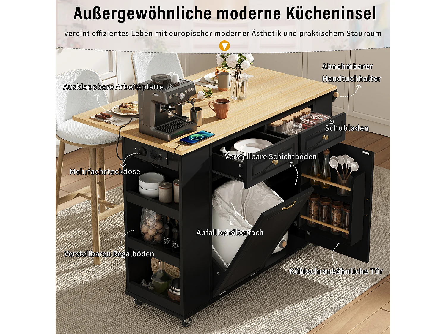 Uitschuifbaar keukeneiland op wielen - 120 x 40/70 x 91,5 cm - met 2 lades + deuren - MDF - zwart + naturel