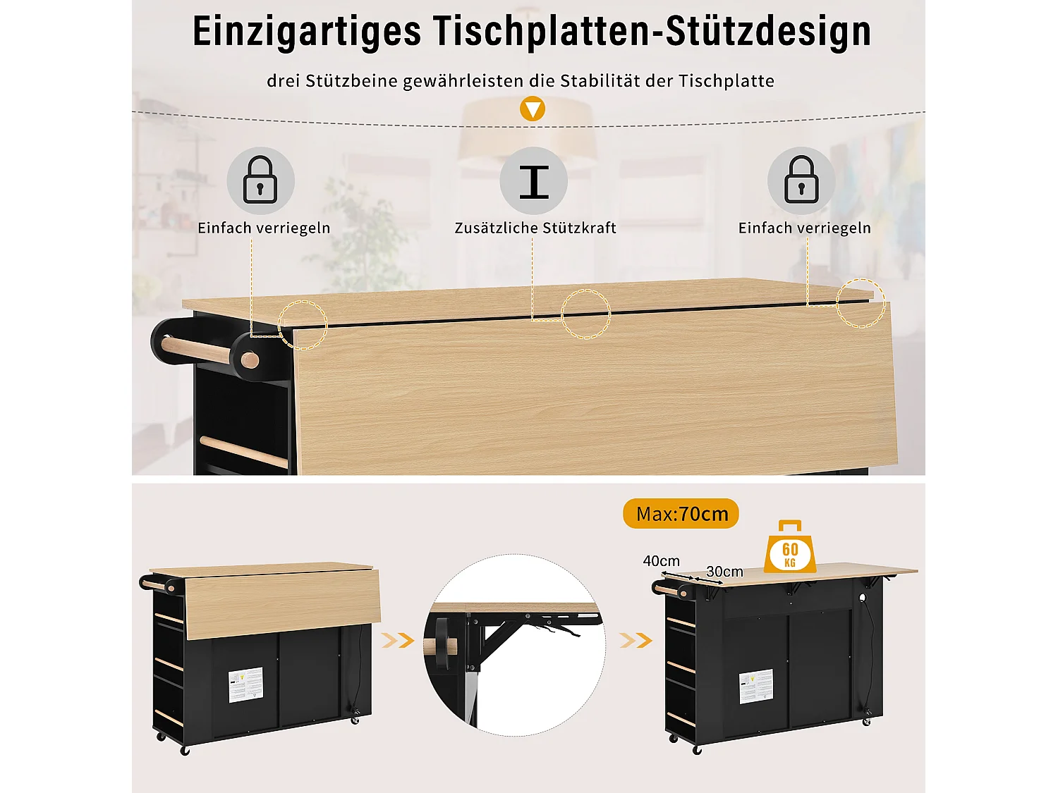 Uitschuifbaar keukeneiland op wielen - 120 x 40/70 x 91,5 cm - met 2 lades + deuren - MDF - zwart + naturel