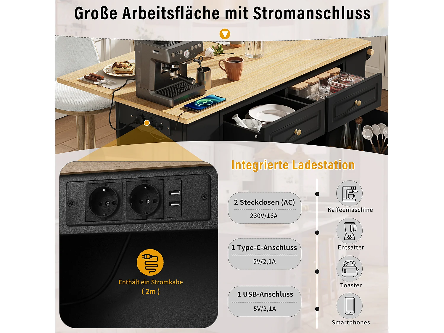 Uitschuifbaar keukeneiland op wielen - 120 x 40/70 x 91,5 cm - met 2 lades + deuren - MDF - zwart + naturel