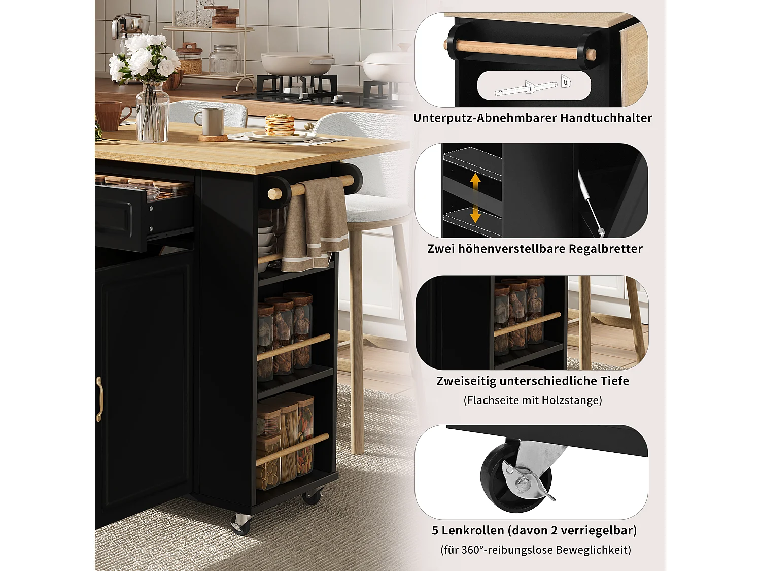 Uitschuifbaar keukeneiland op wielen - 120 x 40/70 x 91,5 cm - met 2 lades + deuren - MDF - zwart + naturel