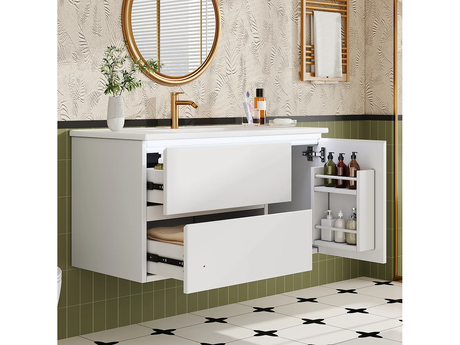 Meuble simple vasque en céramique mural - 91 x 46.5 x 50.5 cm - finition laquée - avec Leds + 2 tiroirs + porte - céramique + MDF - blanc