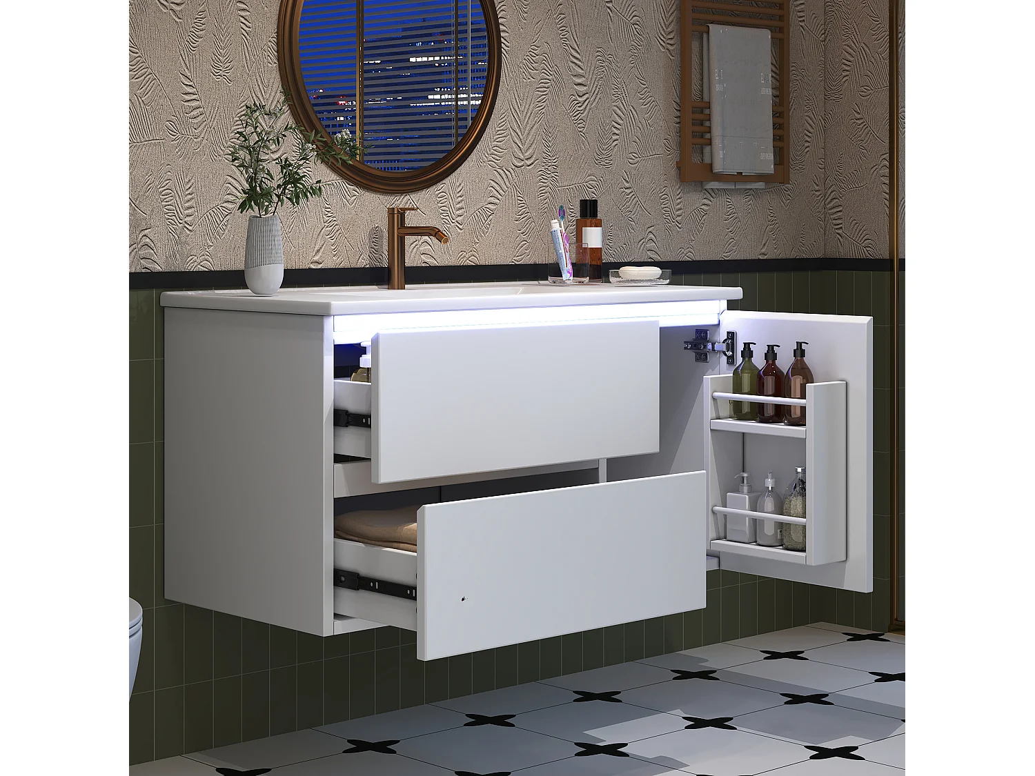 Meuble simple vasque en céramique mural - 91 x 46.5 x 50.5 cm - finition laquée - avec Leds + 2 tiroirs + porte - céramique + MDF - blanc