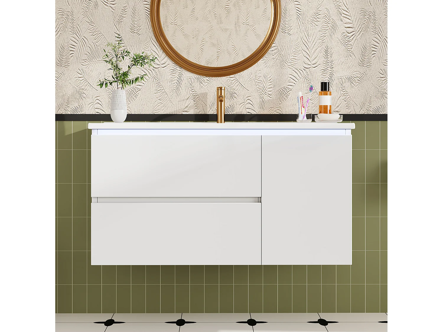 Meuble simple vasque en céramique mural - 91 x 46.5 x 50.5 cm - finition laquée - avec Leds + 2 tiroirs + porte - céramique + MDF - blanc