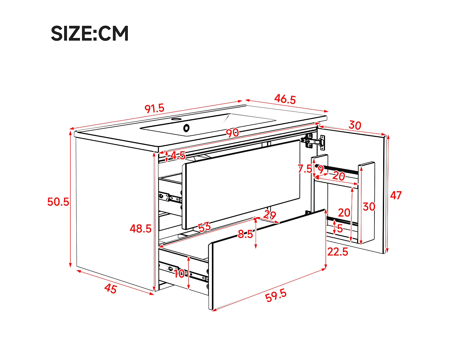 Meuble simple vasque en céramique mural - 91 x 46.5 x 50.5 cm - finition laquée - avec Leds + 2 tiroirs + porte - céramique + MDF - blanc