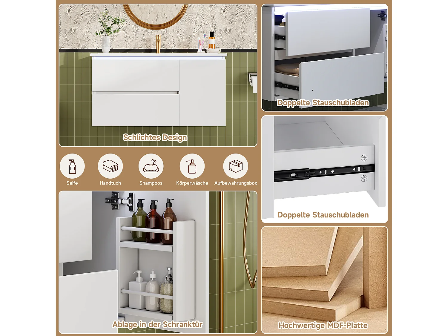 Meuble simple vasque en céramique mural - 91 x 46.5 x 50.5 cm - finition laquée - avec Leds + 2 tiroirs + porte - céramique + MDF - blanc