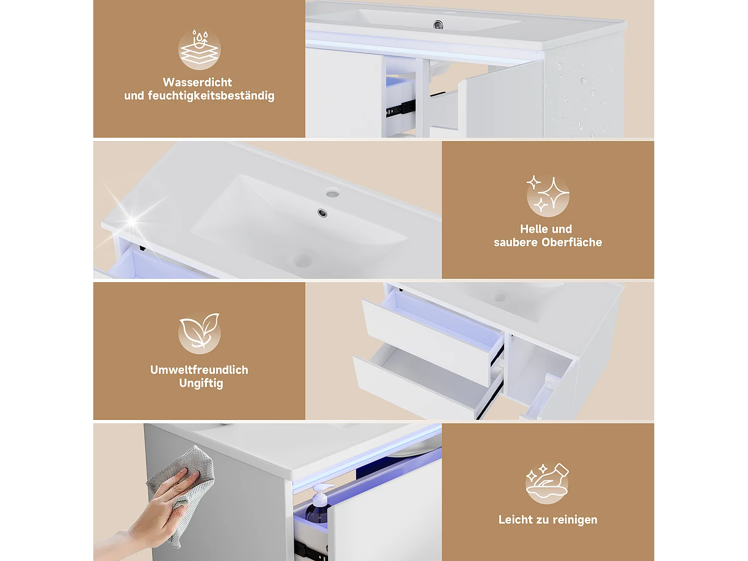 Meuble simple vasque en céramique mural - 91 x 46.5 x 50.5 cm - finition laquée - avec Leds + 2 tiroirs + porte - céramique + MDF - blanc