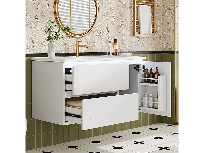 Meuble simple vasque en céramique mural - 91 x 46.5 x 50.5 cm - finition laquée - avec Leds + 2 tiroirs + porte - céramique + MDF - blanc