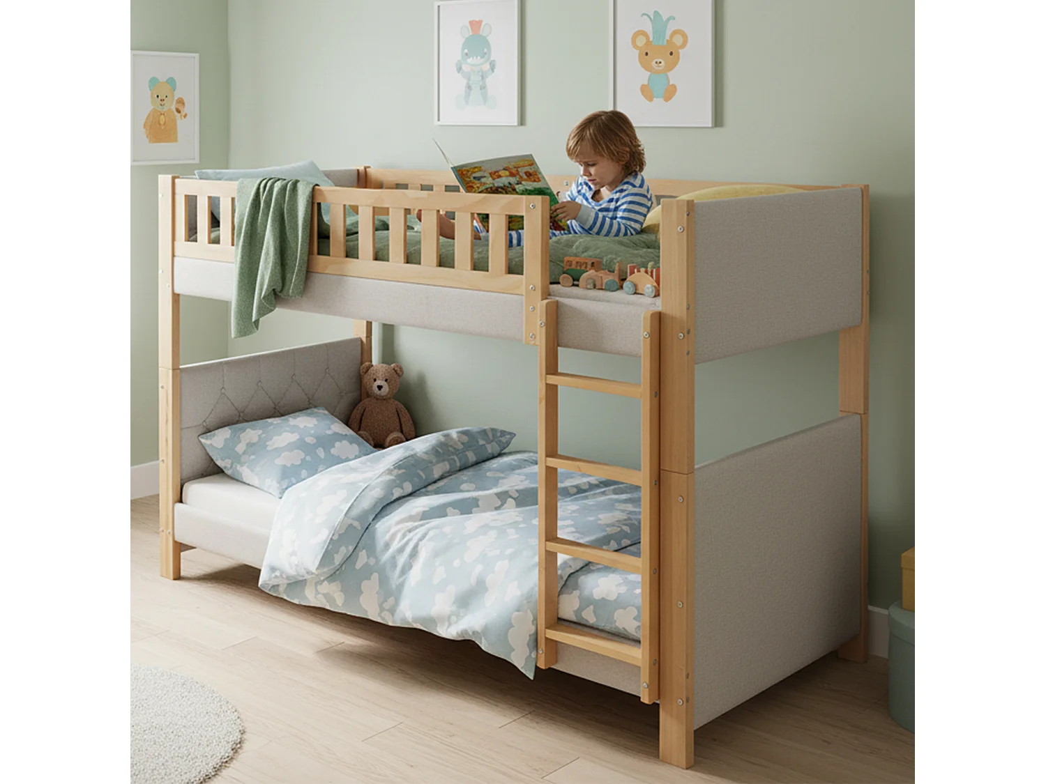 Litera infantil - 2 x 90 x 200 cm - con bordes de espuma amortiguadora - madera + MDF - gris + natural