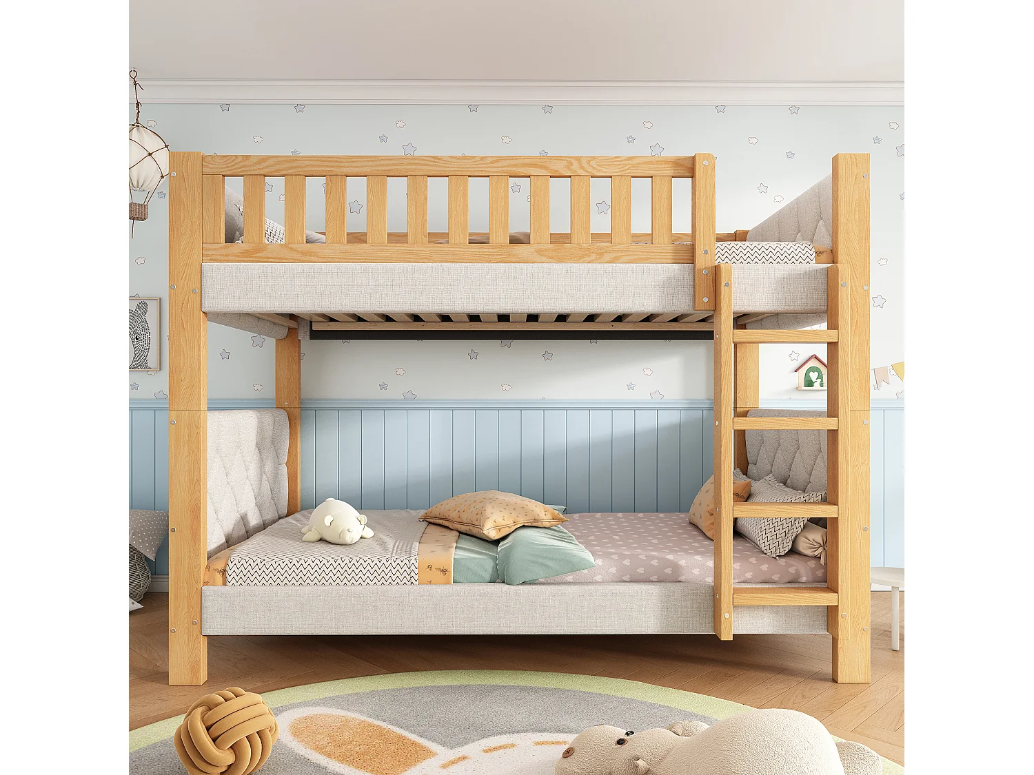 Litera infantil - 2 x 90 x 200 cm - con bordes de espuma amortiguadora - madera + MDF - gris + natural