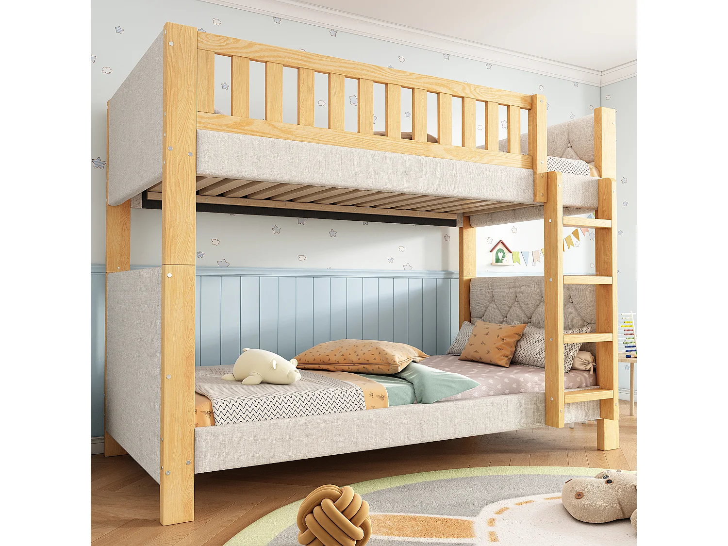 Litera infantil - 2 x 90 x 200 cm - con bordes de espuma amortiguadora - madera + MDF - gris + natural