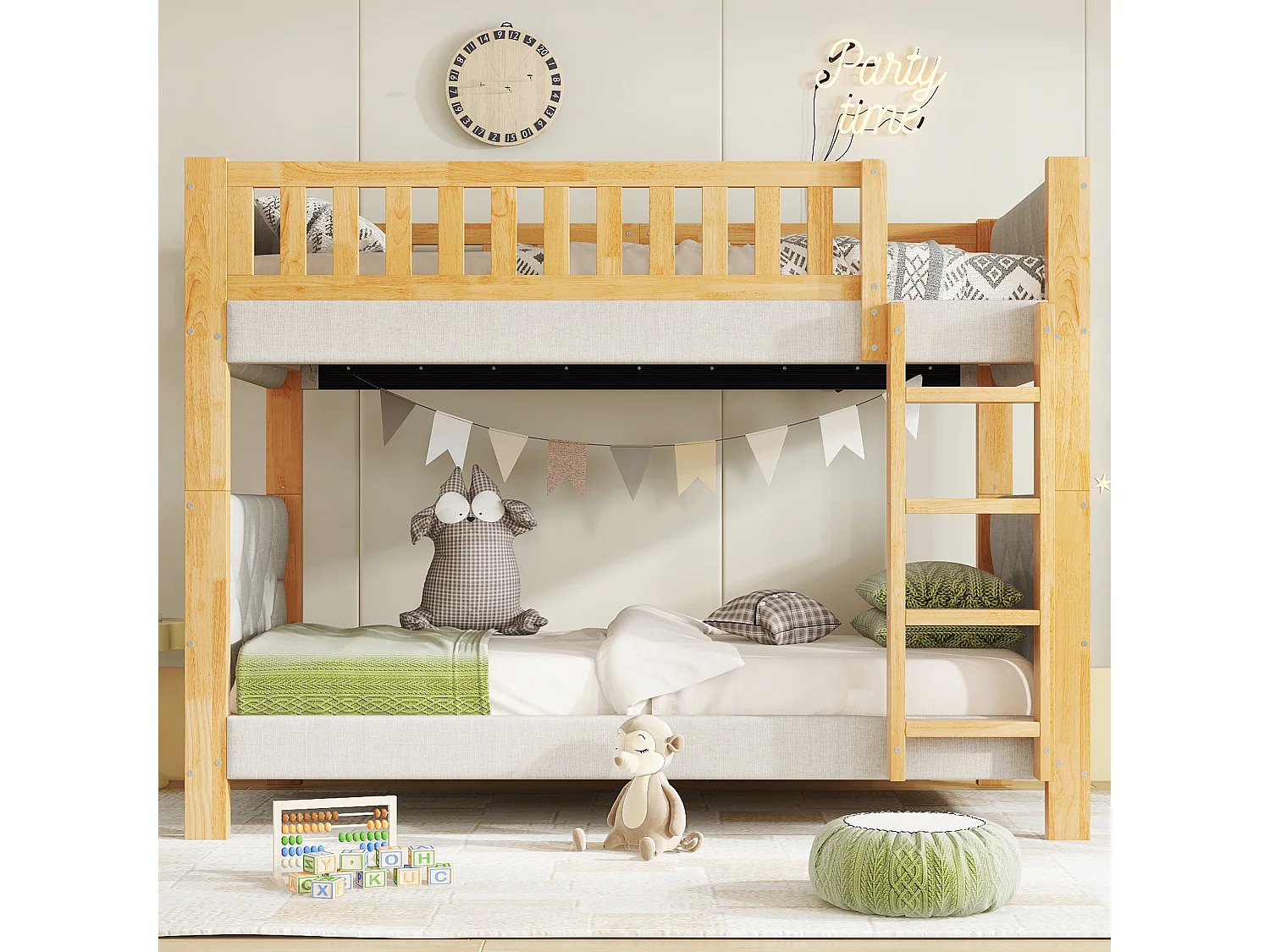 Litera infantil - 2 x 90 x 200 cm - con bordes de espuma amortiguadora - madera + MDF - gris + natural