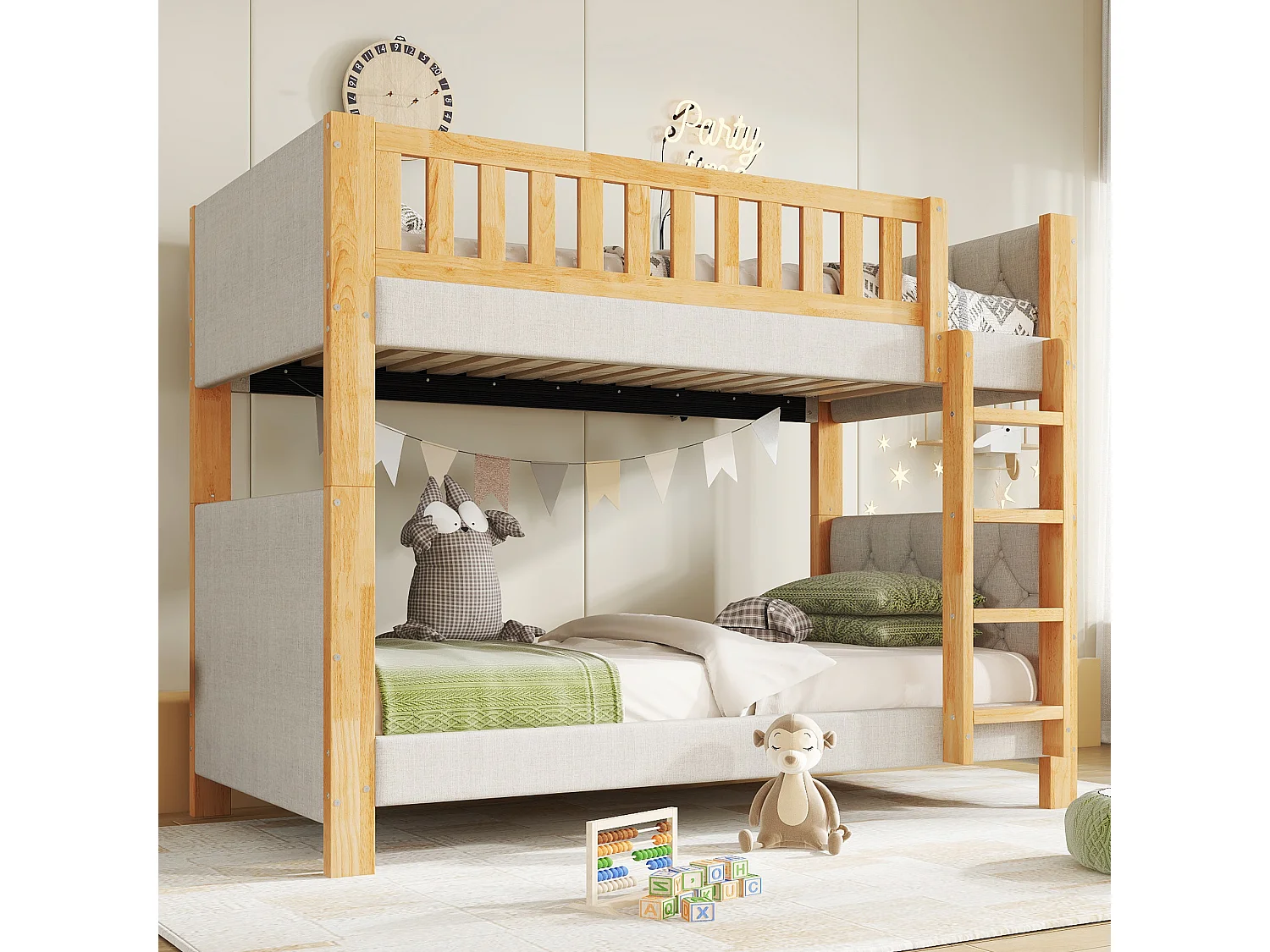 Litera infantil - 2 x 90 x 200 cm - con bordes de espuma amortiguadora - madera + MDF - gris + natural