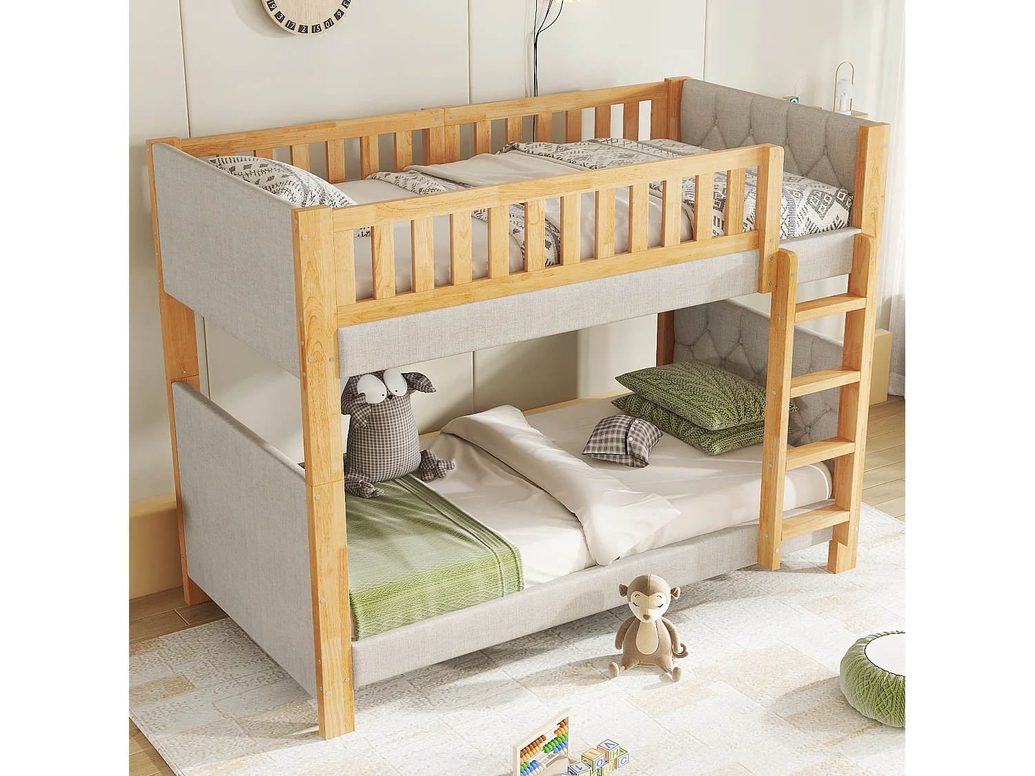 Litera infantil - 2 x 90 x 200 cm - con bordes de espuma amortiguadora - madera + MDF - gris + natural