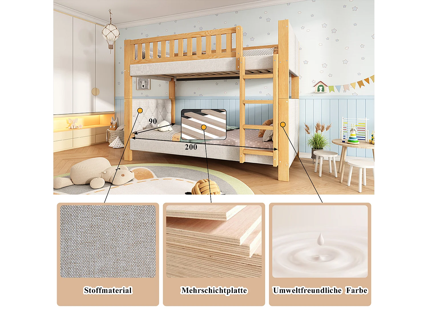 Litera infantil - 2 x 90 x 200 cm - con bordes de espuma amortiguadora - madera + MDF - gris + natural