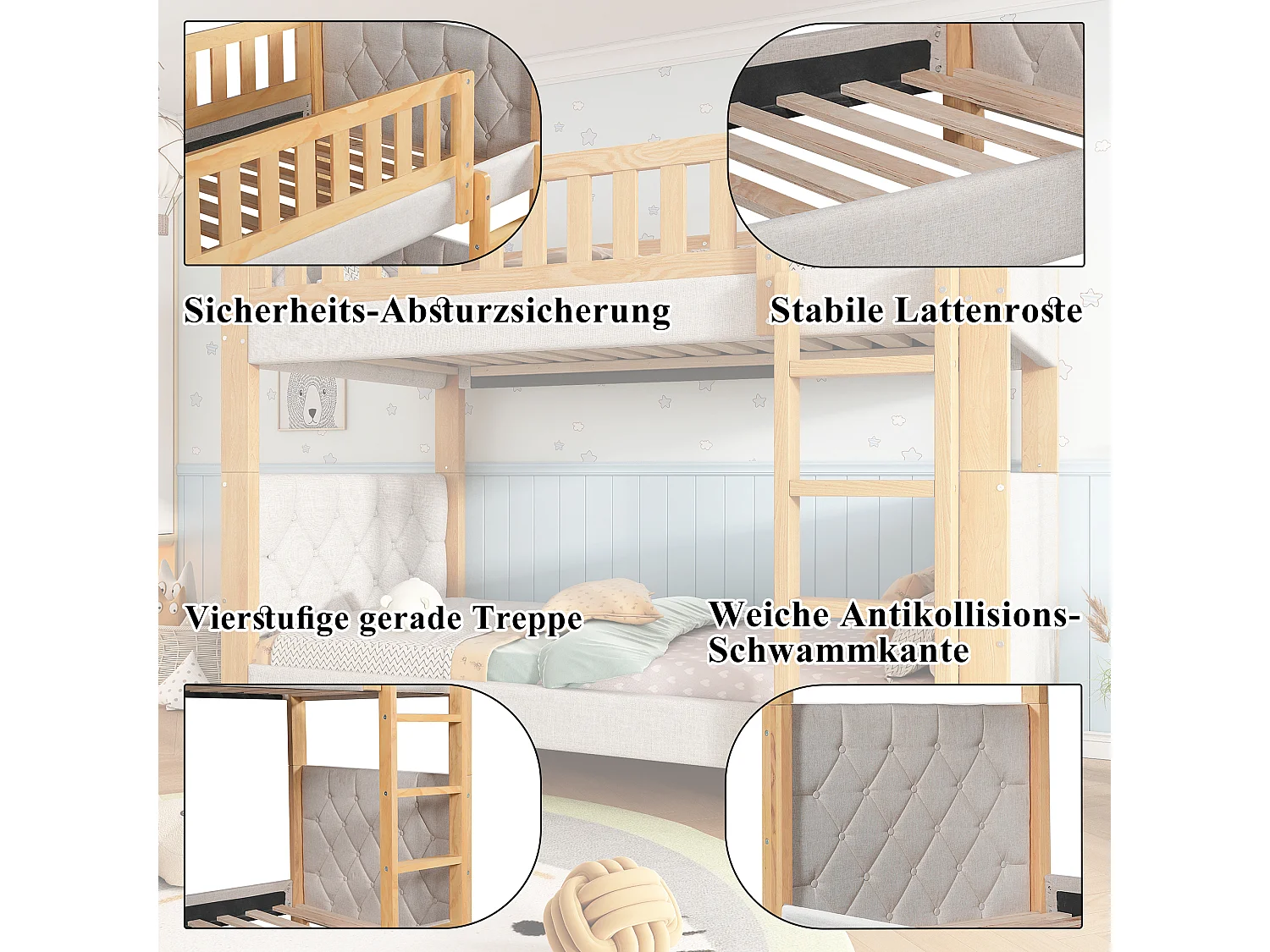 Litera infantil - 2 x 90 x 200 cm - con bordes de espuma amortiguadora - madera + MDF - gris + natural