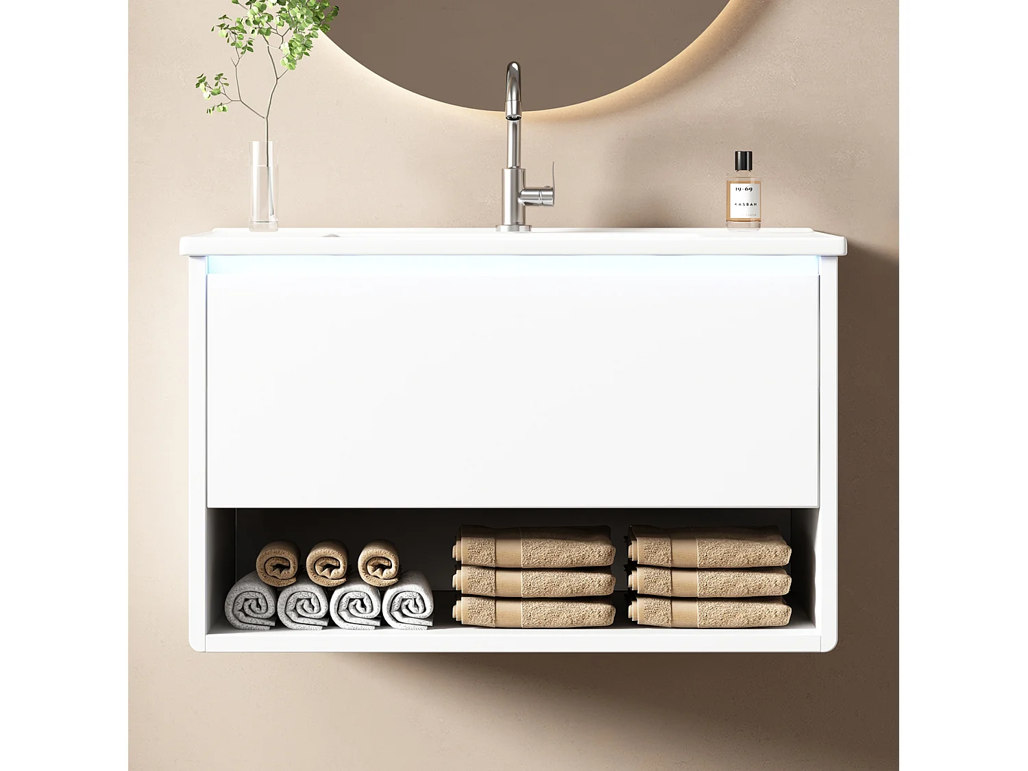 Szafka ścienna pod umywalkę ceramiczną z pojedynczą umywalką - 76 x 46 x 45 cm - wykończenie lakierowane - z diodami LED + szuflada + półka - ceramika + MDF - biała