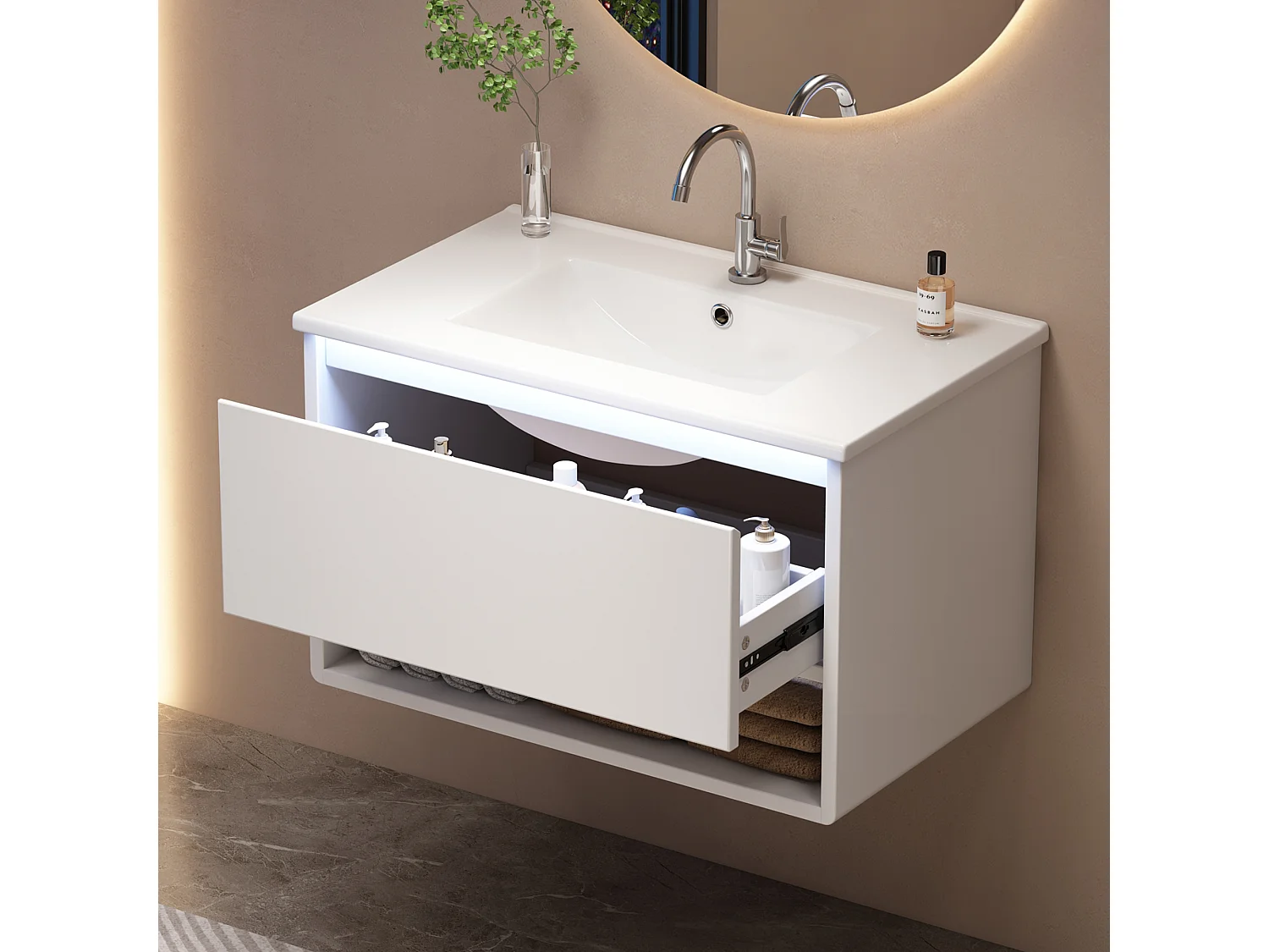 Szafka ścienna pod umywalkę ceramiczną z pojedynczą umywalką - 76 x 46 x 45 cm - wykończenie lakierowane - z diodami LED + szuflada + półka - ceramika + MDF - biała