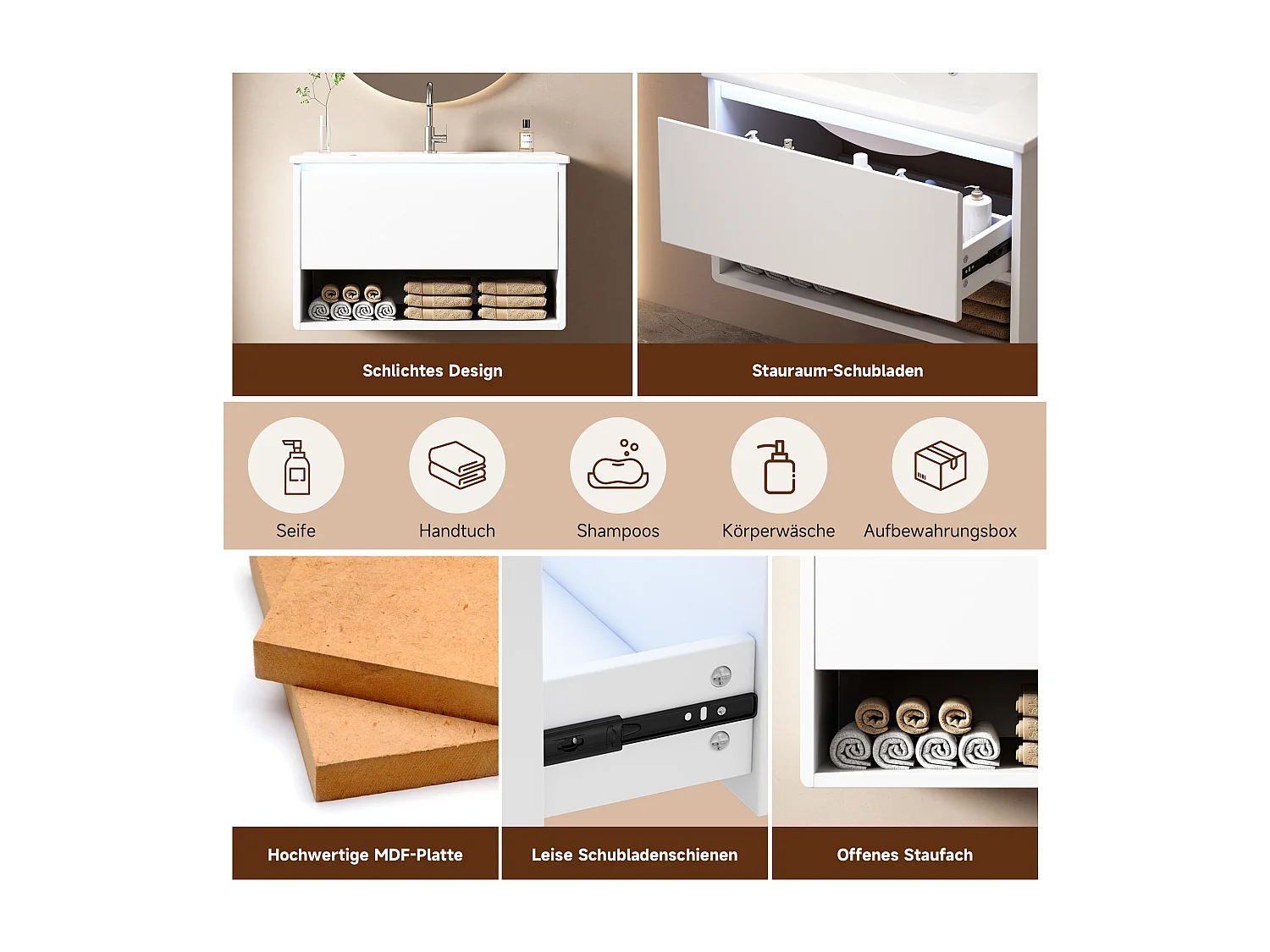 Szafka ścienna pod umywalkę ceramiczną z pojedynczą umywalką - 76 x 46 x 45 cm - wykończenie lakierowane - z diodami LED + szuflada + półka - ceramika + MDF - biała