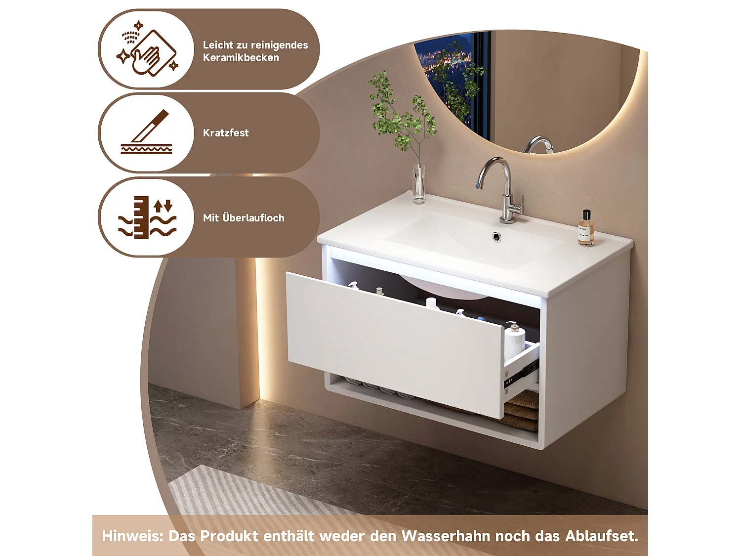 Szafka ścienna pod umywalkę ceramiczną z pojedynczą umywalką - 76 x 46 x 45 cm - wykończenie lakierowane - z diodami LED + szuflada + półka - ceramika + MDF - biała