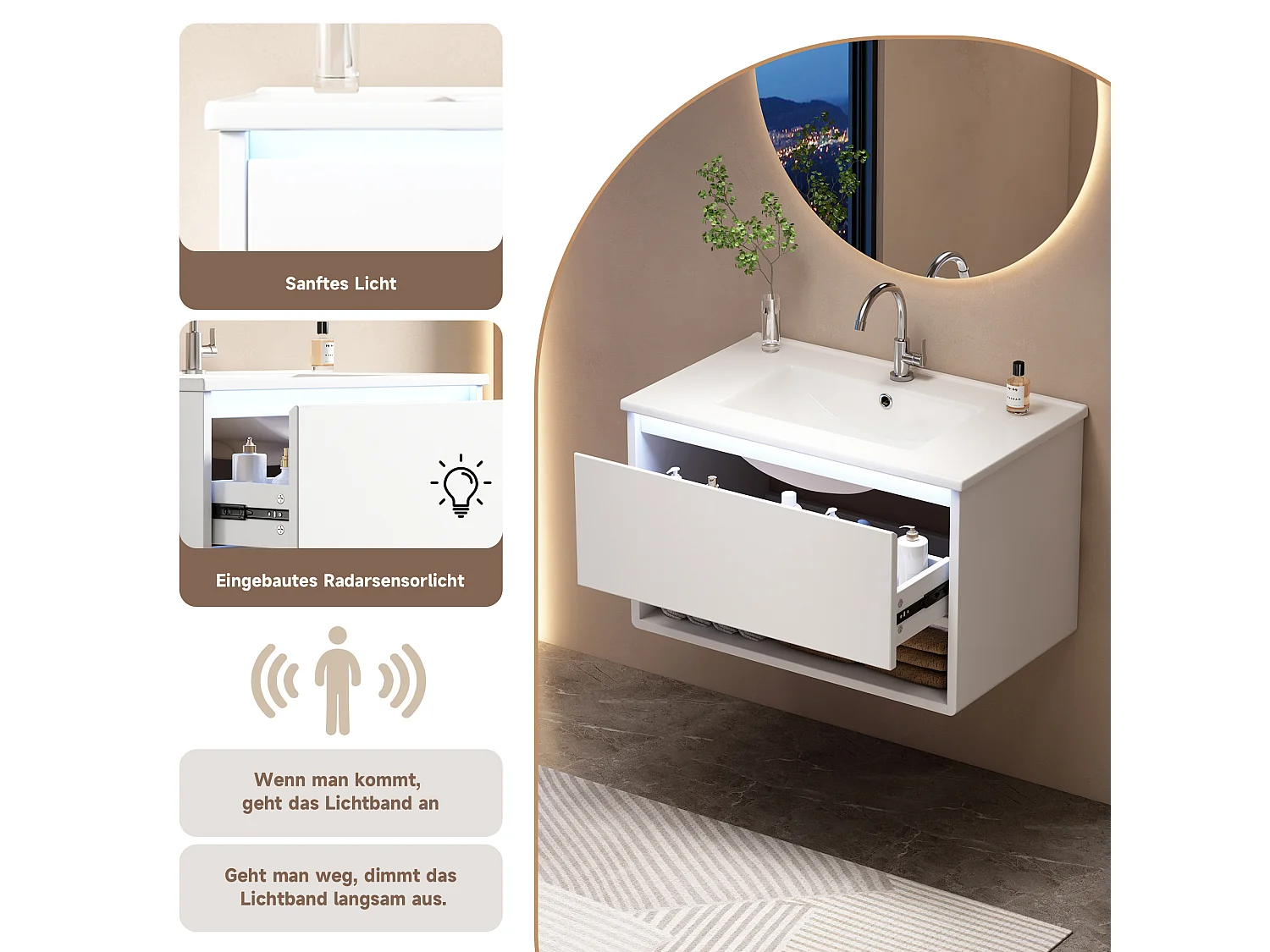 Szafka ścienna pod umywalkę ceramiczną z pojedynczą umywalką - 76 x 46 x 45 cm - wykończenie lakierowane - z diodami LED + szuflada + półka - ceramika + MDF - biała