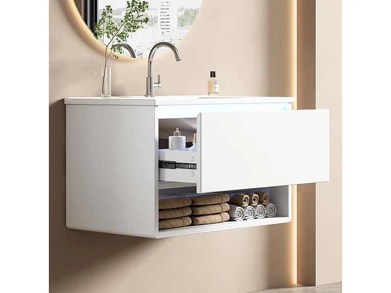Szafka ścienna pod umywalkę ceramiczną z pojedynczą umywalką - 76 x 46 x 45 cm - wykończenie lakierowane - z diodami LED + szuflada + półka - ceramika + MDF - biała