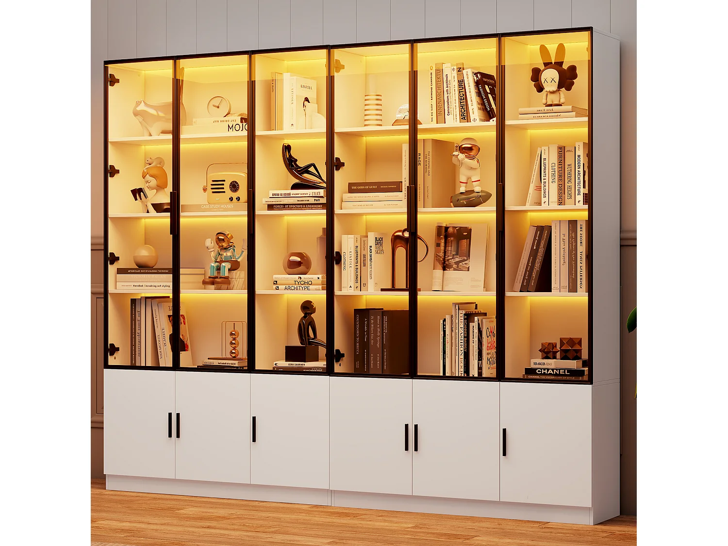 2 moderne, hohe Vitrinen – 120 x 32 x 200 cm – mit LED-Beleuchtung + 3 Glastüren + 3 Holztüren – MDF – weiß