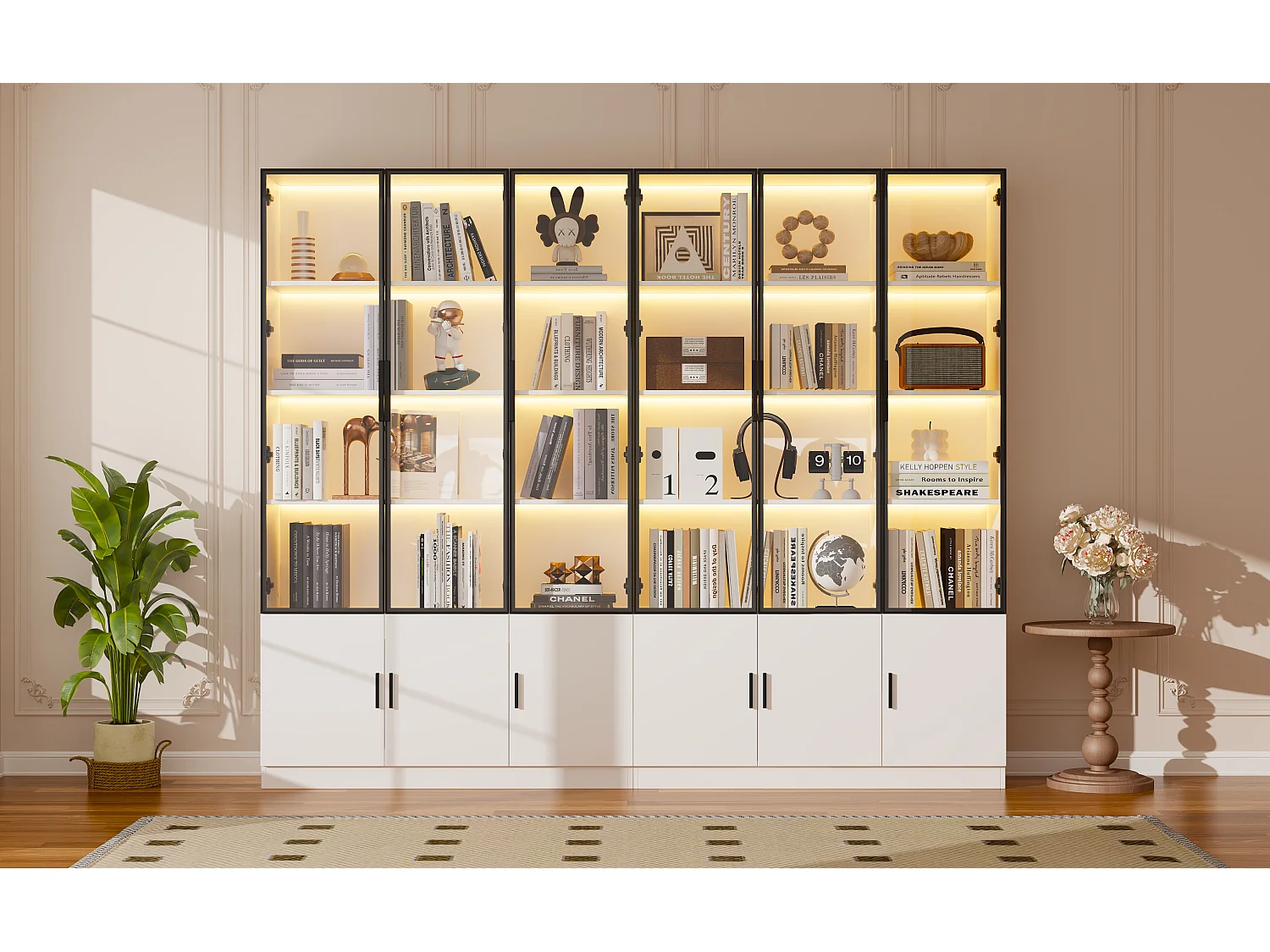 2 moderne, hohe Vitrinen – 120 x 32 x 200 cm – mit LED-Beleuchtung + 3 Glastüren + 3 Holztüren – MDF – weiß