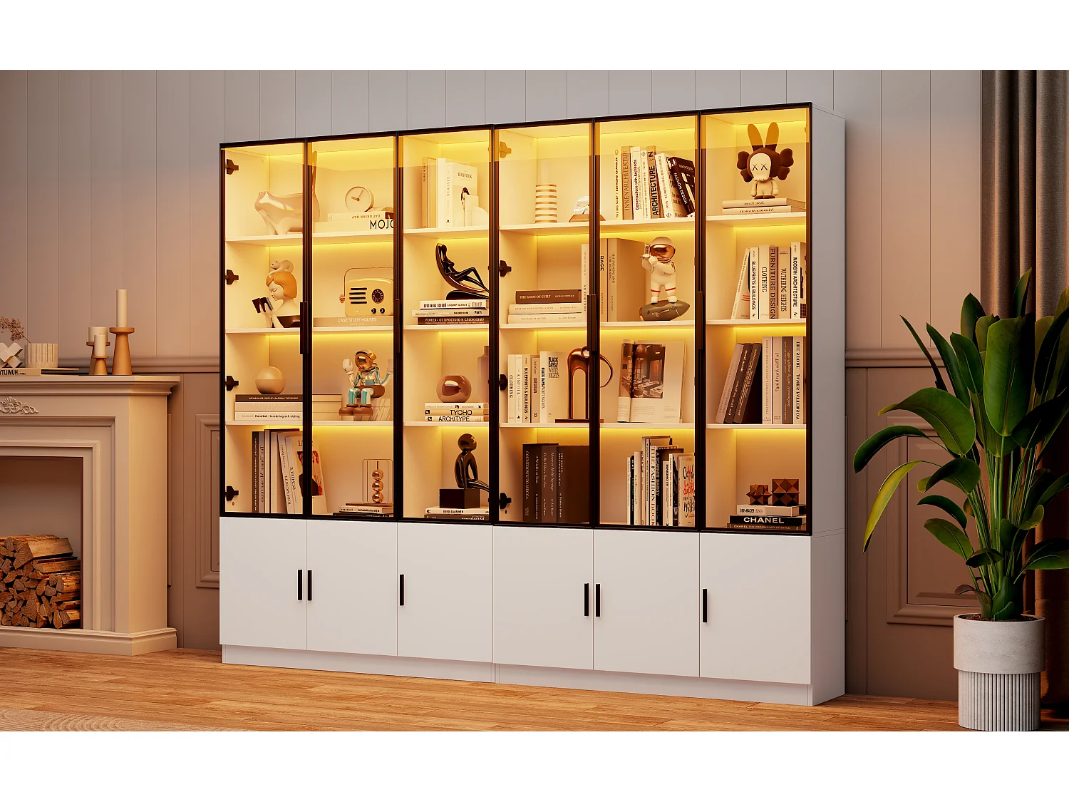 2 moderne, hohe Vitrinen – 120 x 32 x 200 cm – mit LED-Beleuchtung + 3 Glastüren + 3 Holztüren – MDF – weiß