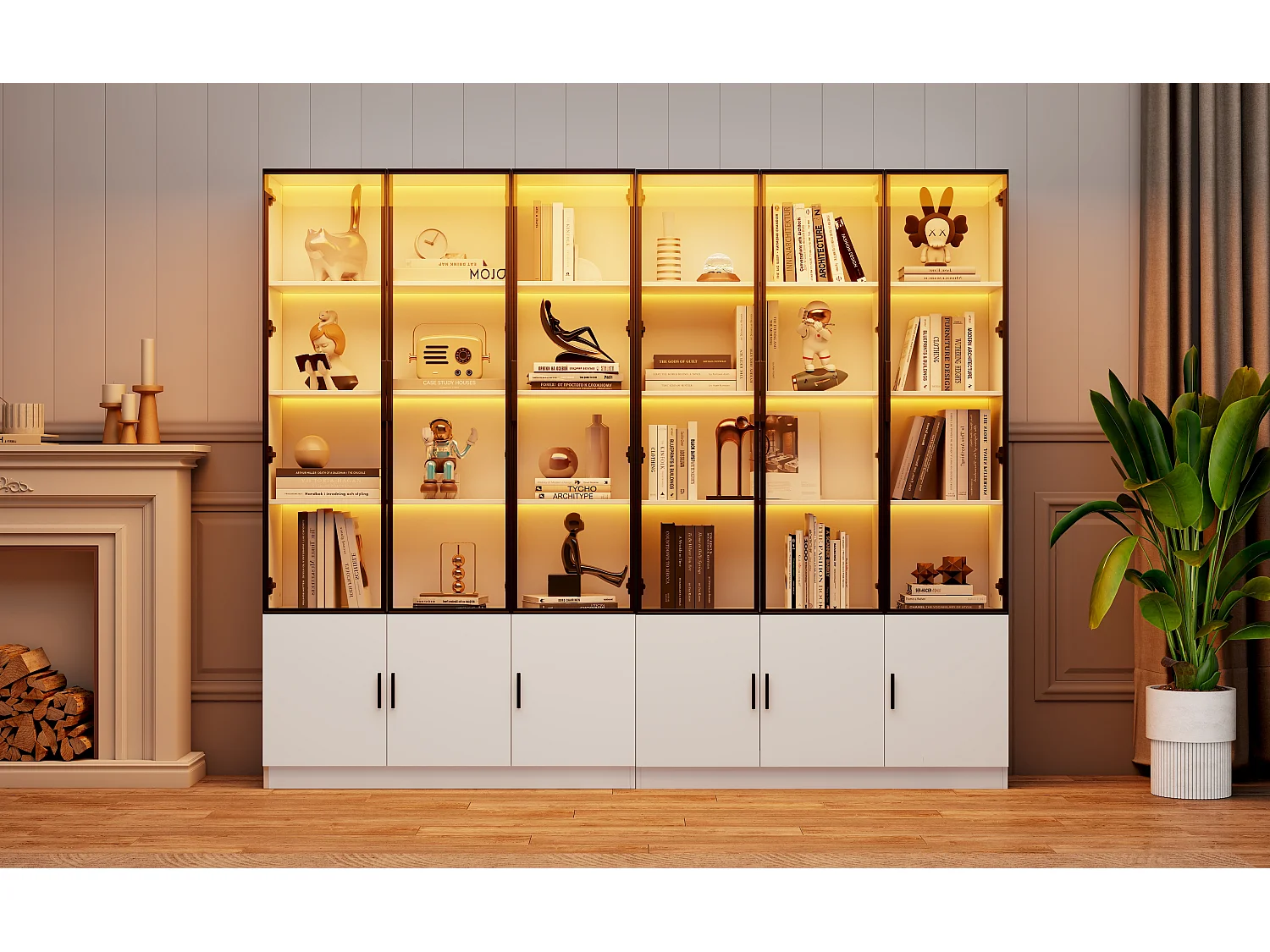 2 moderne, hohe Vitrinen – 120 x 32 x 200 cm – mit LED-Beleuchtung + 3 Glastüren + 3 Holztüren – MDF – weiß
