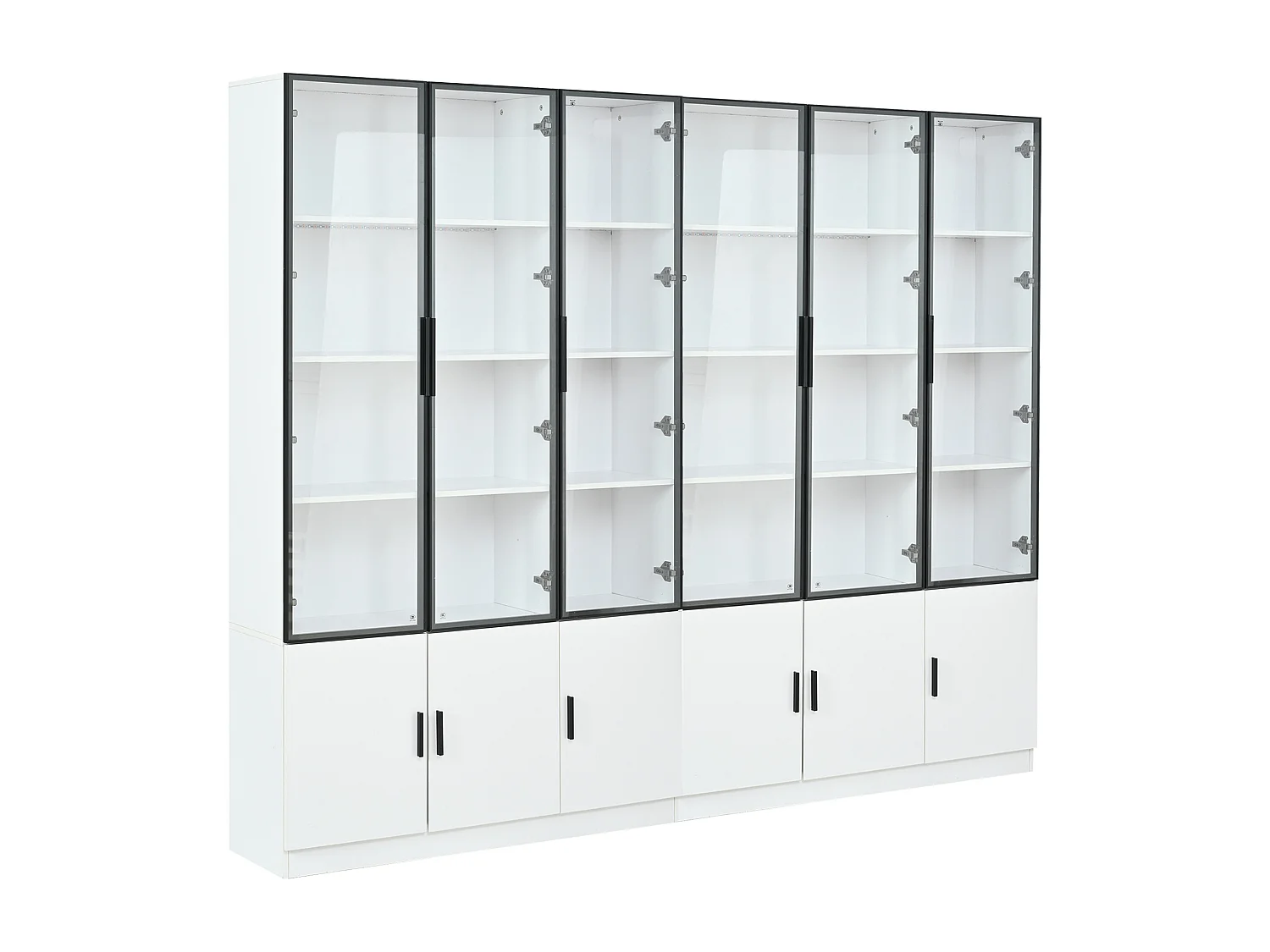 2 moderne, hohe Vitrinen – 120 x 32 x 200 cm – mit LED-Beleuchtung + 3 Glastüren + 3 Holztüren – MDF – weiß