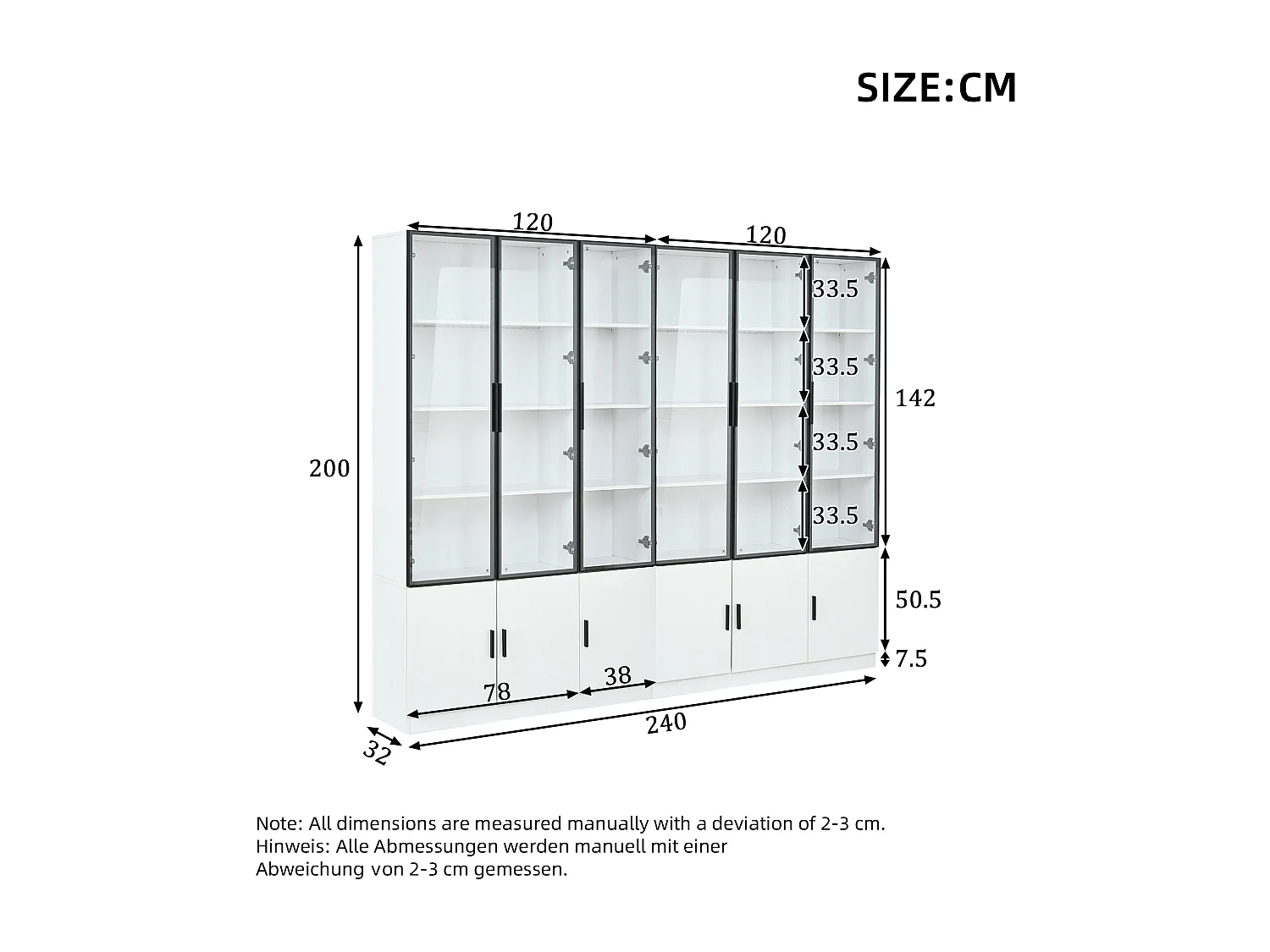 2 moderne, hohe Vitrinen – 120 x 32 x 200 cm – mit LED-Beleuchtung + 3 Glastüren + 3 Holztüren – MDF – weiß