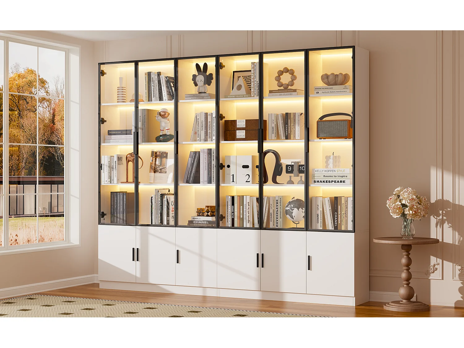 2 moderne, hohe Vitrinen – 120 x 32 x 200 cm – mit LED-Beleuchtung + 3 Glastüren + 3 Holztüren – MDF – weiß