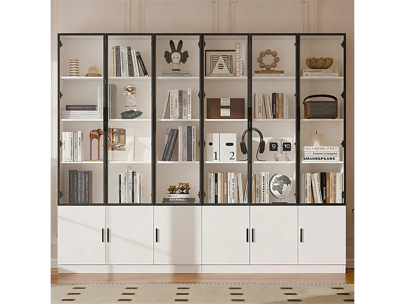 2 moderne, hohe Vitrinen – 120 x 32 x 200 cm – mit LED-Beleuchtung + 3 Glastüren + 3 Holztüren – MDF – weiß