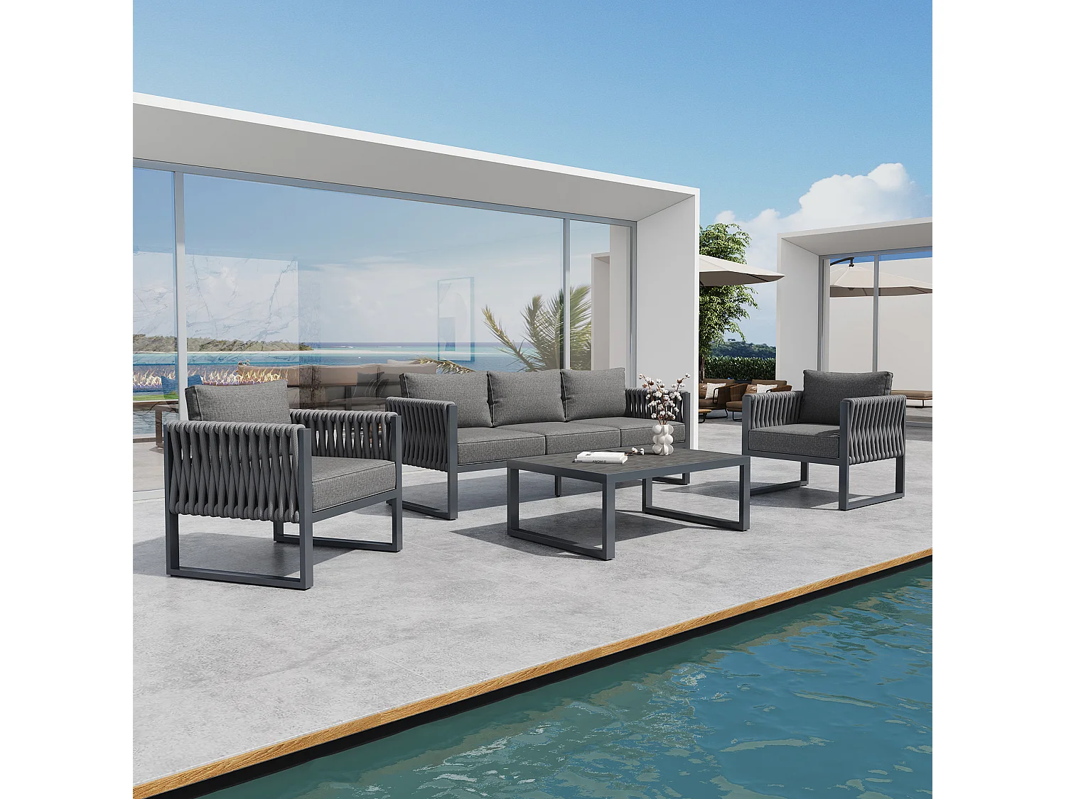 Ensemble de mobilier de jardin 5 places - structure métallique - avec coussins + table + 2 fauteuils + canapés - métal - gris