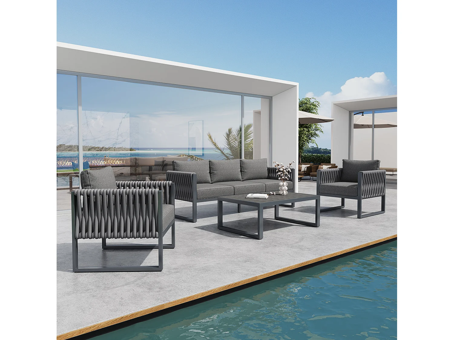 Ensemble de mobilier de jardin 5 places - structure métallique - avec coussins + table + 2 fauteuils + canapés - métal - gris