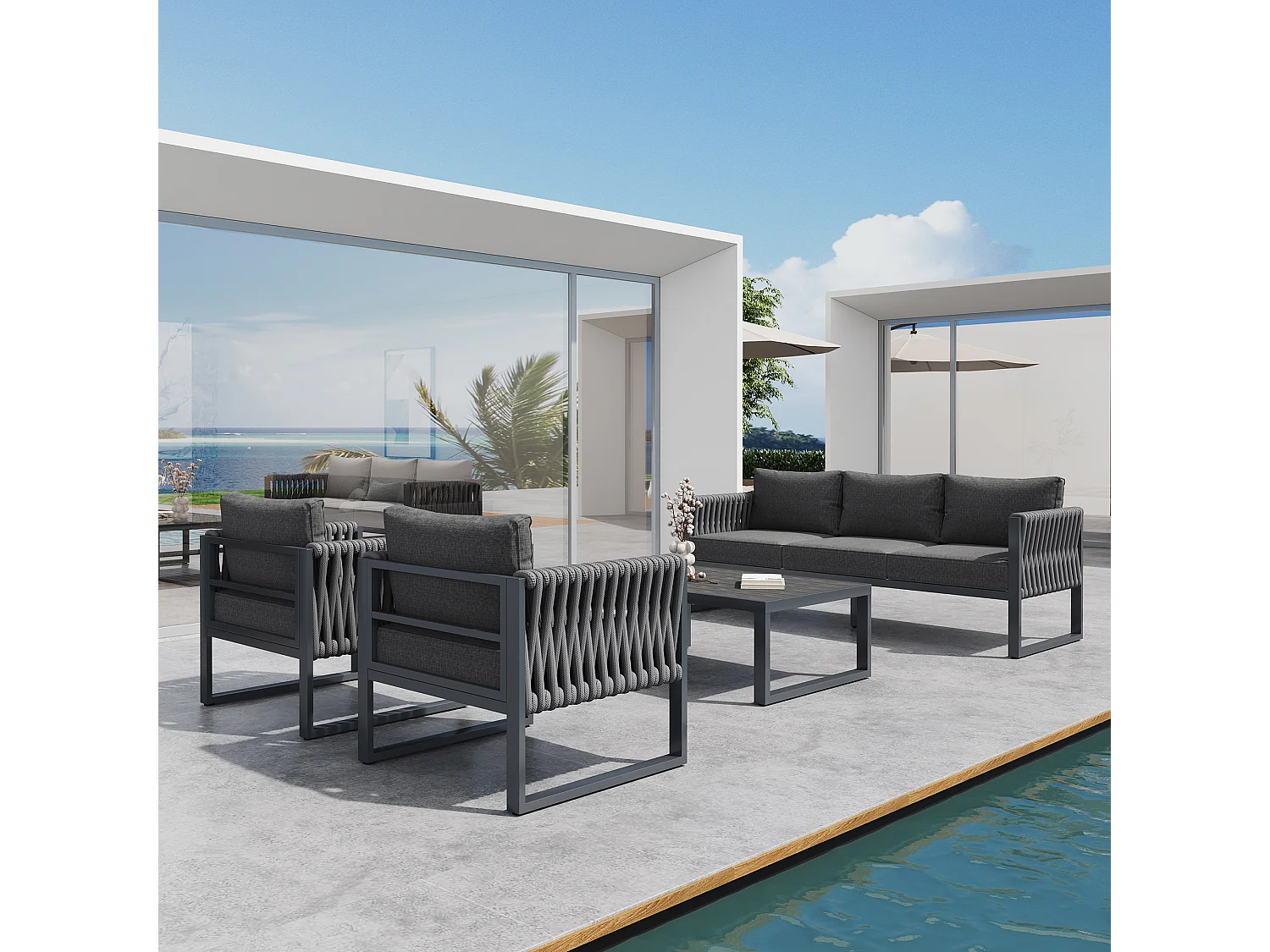 Ensemble de mobilier de jardin 5 places - structure métallique - avec coussins + table + 2 fauteuils + canapés - métal - gris