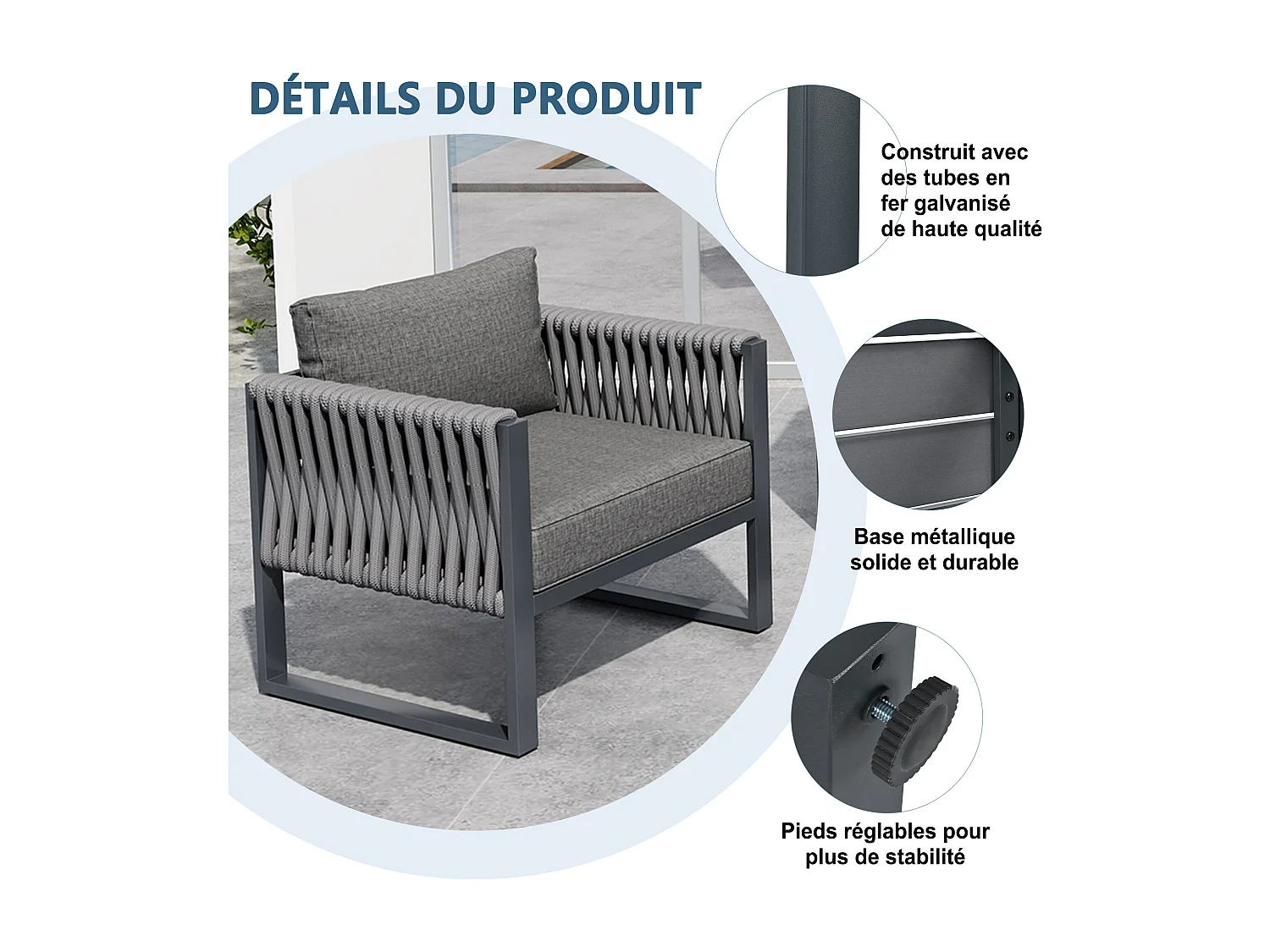 Ensemble de mobilier de jardin 5 places - structure métallique - avec coussins + table + 2 fauteuils + canapés - métal - gris