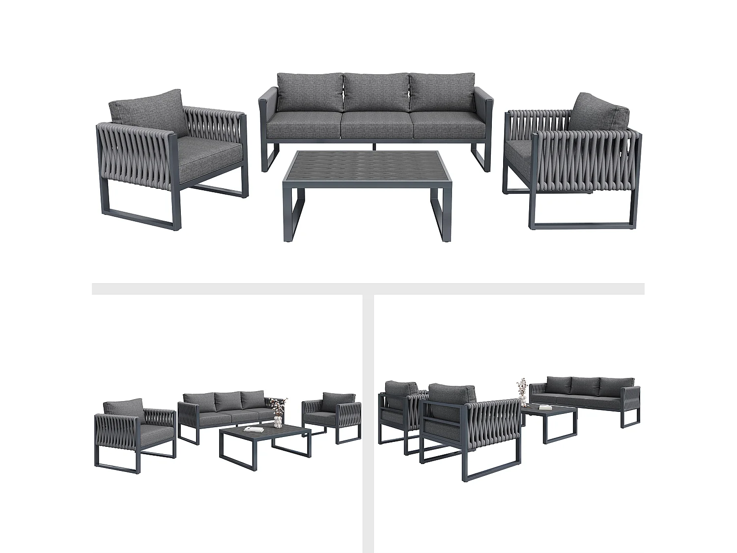 Ensemble de mobilier de jardin 5 places - structure métallique - avec coussins + table + 2 fauteuils + canapés - métal - gris