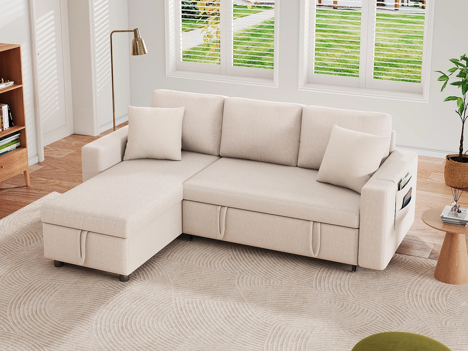 Fusio 1.0 – Hoekbank 3-Zits Slaapbank met Opbergruimte, Linnen Stof, Ideaal voor Studio’s, Ruim Extra Bed