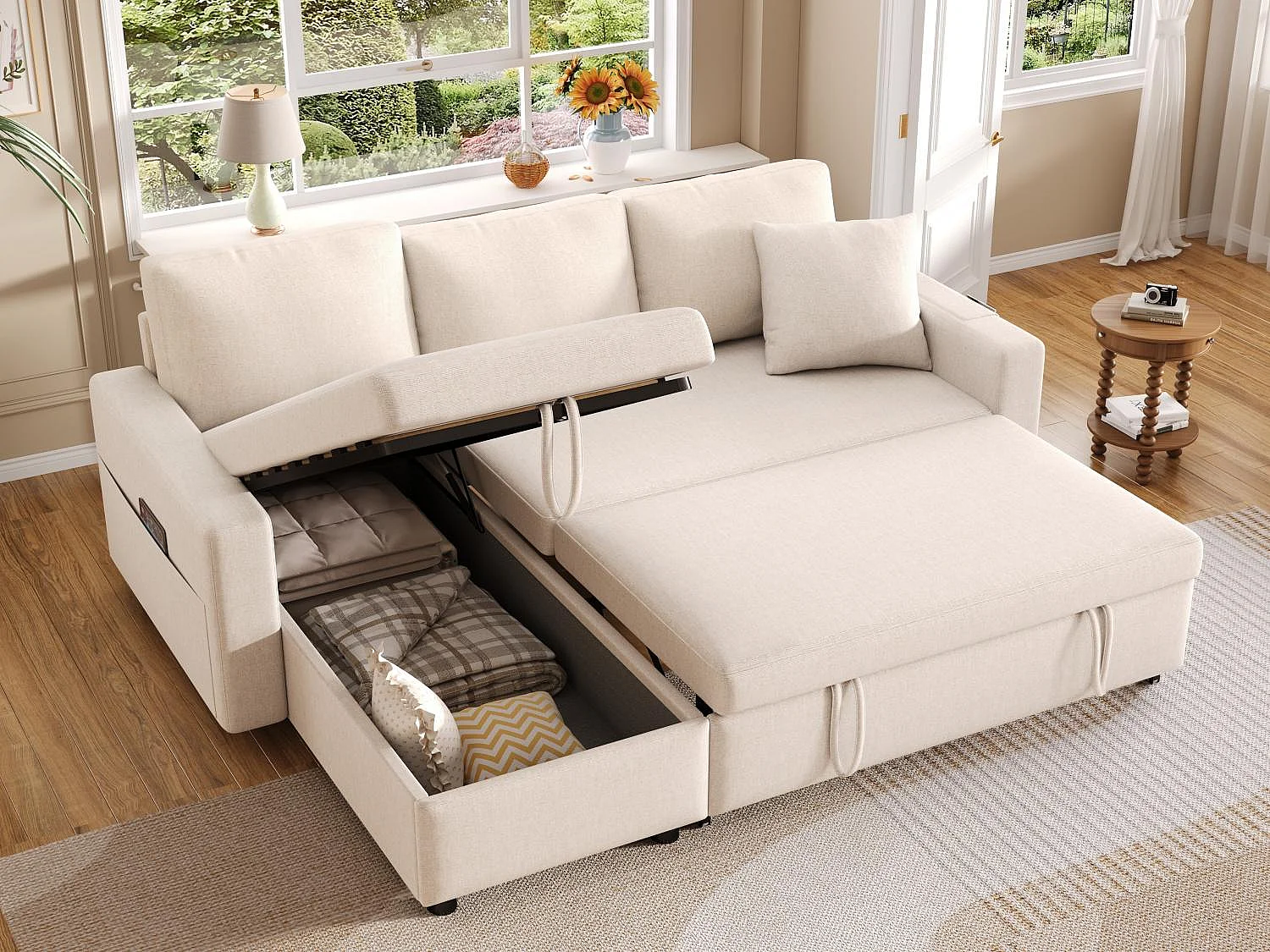 Fusio 1.0 – Sofá Cama Esquinero de 3 Plazas con Almacenaje, Tela de Lino, Ideal para Estudios, Cama Auxiliar Espaciosa