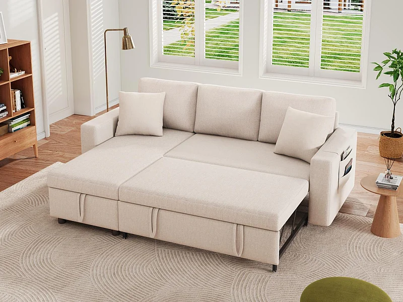 Fusio 1.0 – Sofá Cama Esquinero de 3 Plazas con Almacenaje, Tela de Lino, Ideal para Estudios, Cama Auxiliar Espaciosa