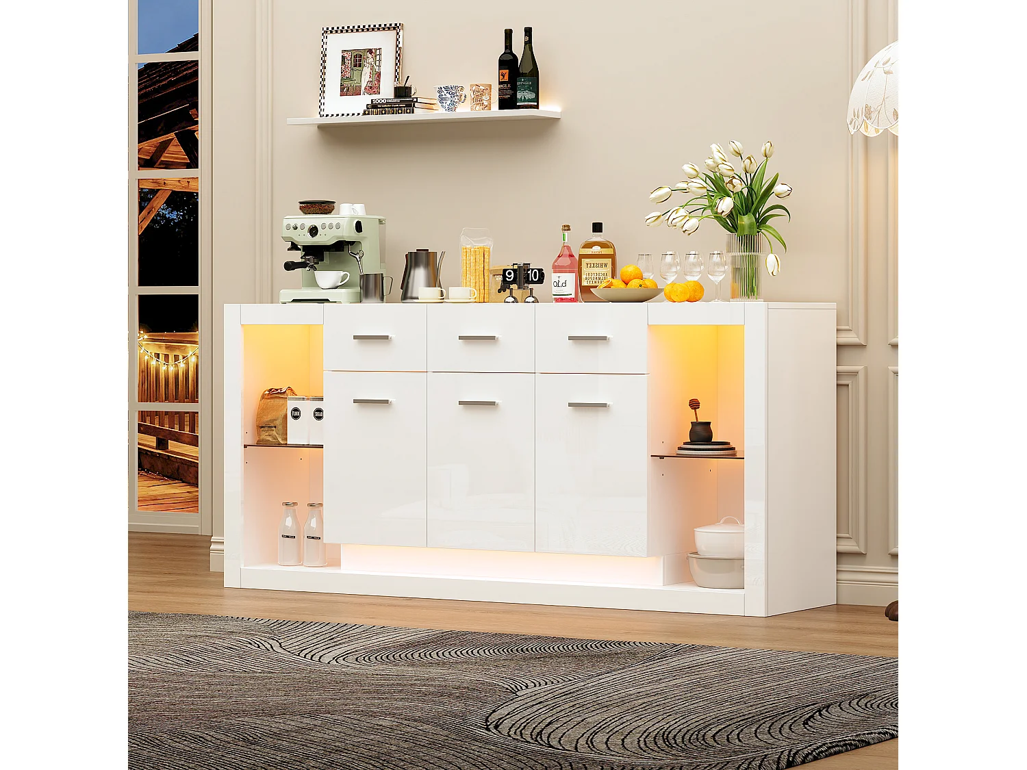 Buffet laquée brillante moderne - 160 x 40 x 75 cm - avec Leds + 3 tiroirs + étagères + 3 portes - aggloméré - blanc