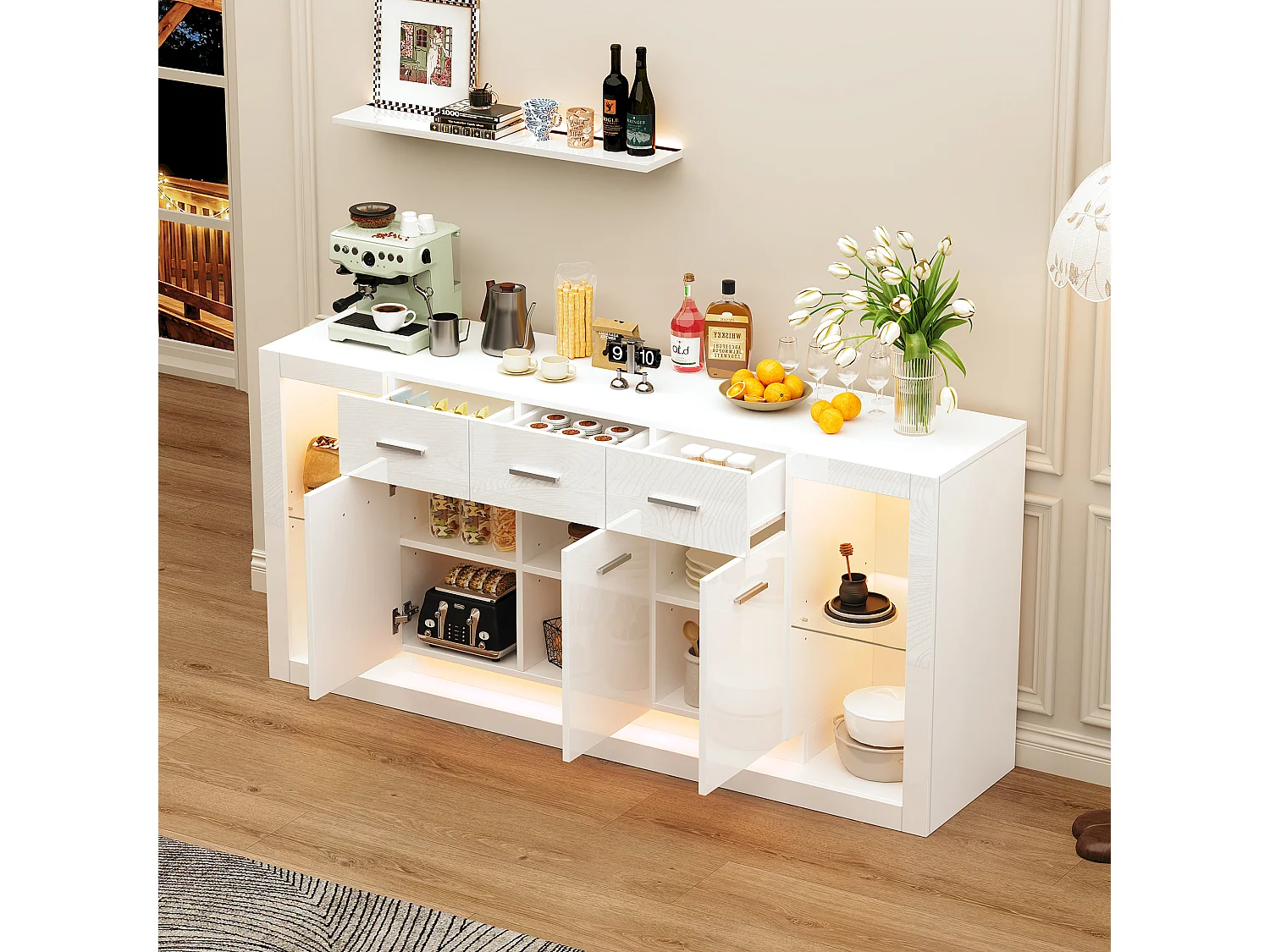 Buffet laquée brillante moderne - 160 x 40 x 75 cm - avec Leds + 3 tiroirs + étagères + 3 portes - aggloméré - blanc