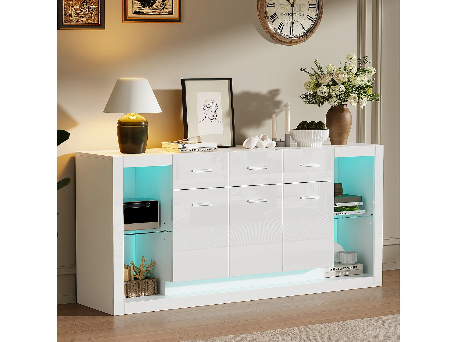 Buffet laquée brillante moderne - 160 x 40 x 75 cm - avec Leds + 3 tiroirs + étagères + 3 portes - aggloméré - blanc